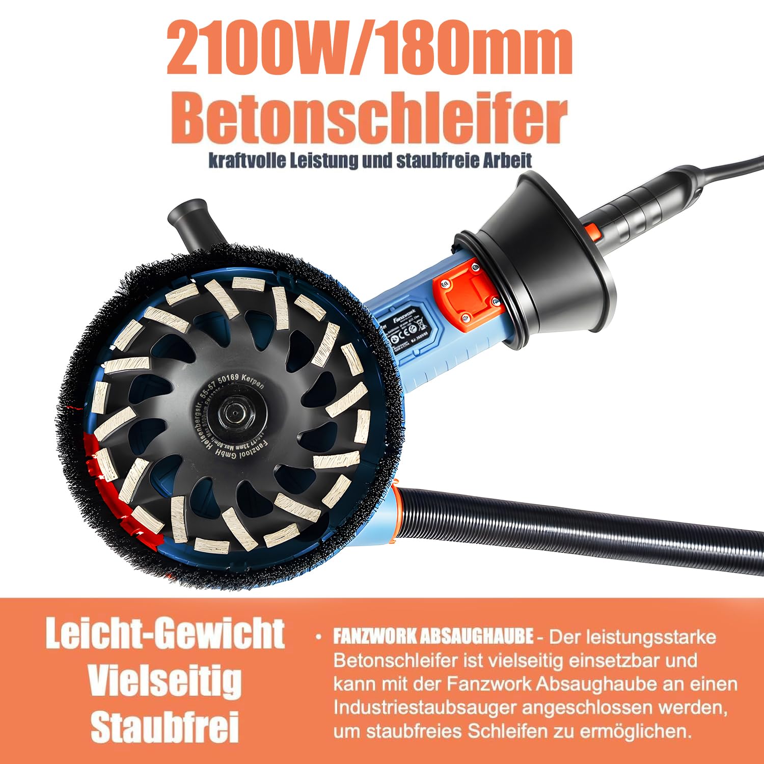 FANZWORK 2100 W/180 mm szlifierka do betonu zestaw frezów do betonu, w zestawie 2 x tarcza diamentowa 180 mm, pokrywa ssąca, uchwyt w kształcie litery T