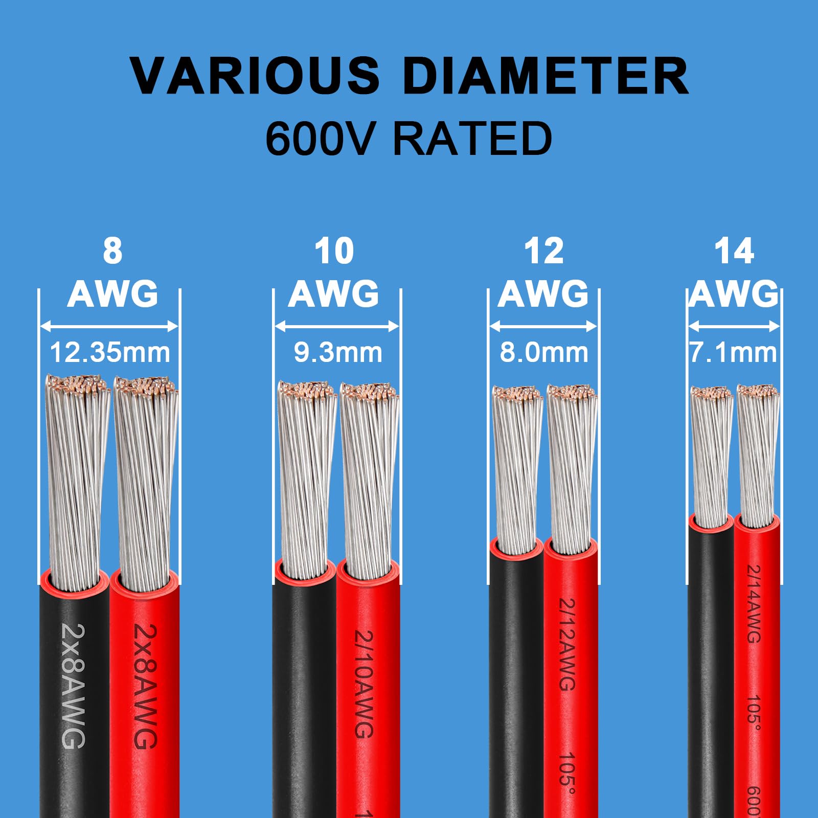 Cable eléctrico de calibre 8, 600 V, 8 AWG, 2 conductores, cable paralelo de cobre estañado de 25 pies, cable trenzado aislado de bajo voltaje para panel solar, automoción, audio automático
