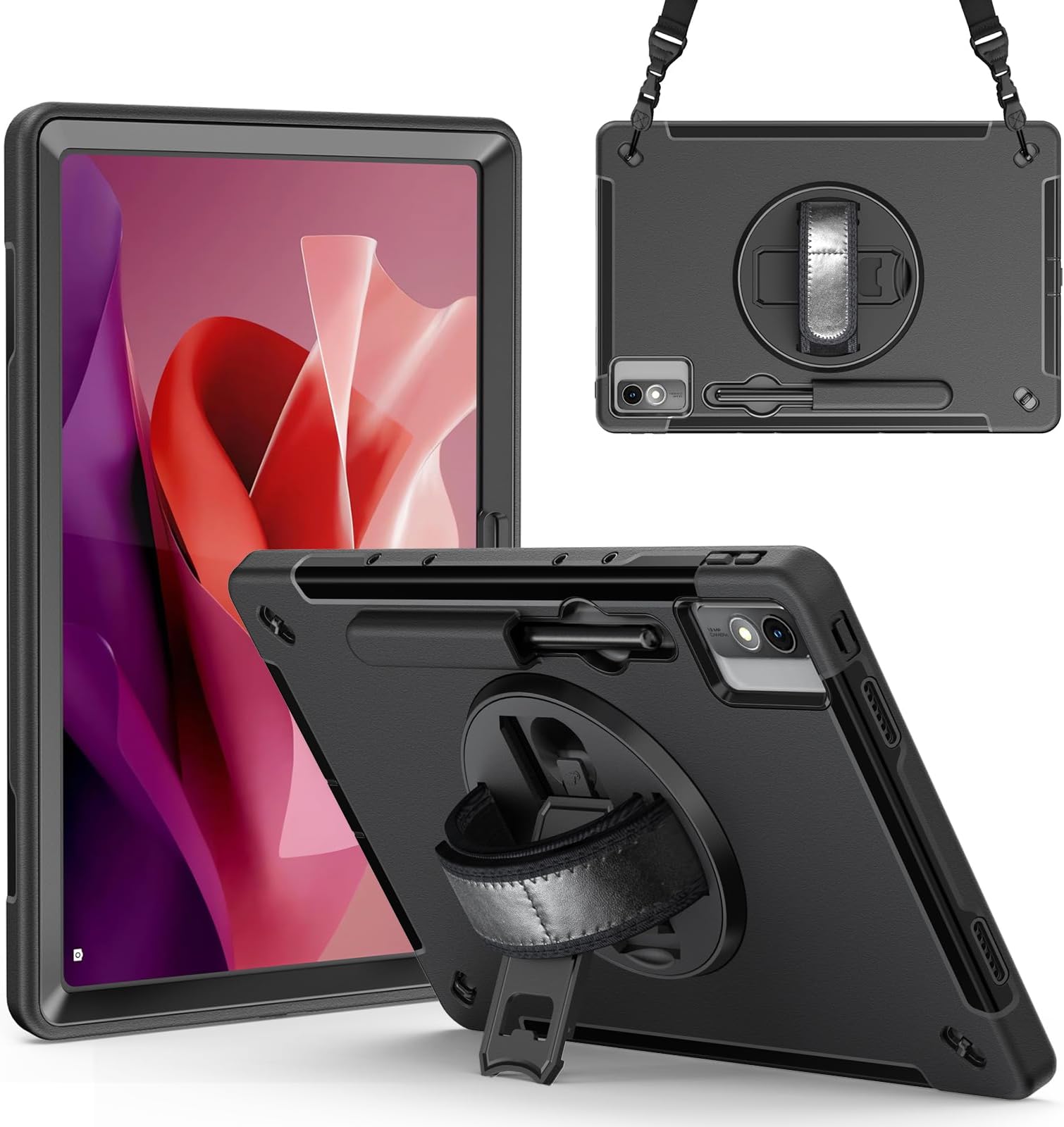 Junfire Robust Case for Lenovo Tab P12 (12.7 Inch) 2023, Shockproof Protective Case with Rotating Stand, Wrist Strap, Shoulder Strap and Pen Holder Compatible with Model TB370FU - Black