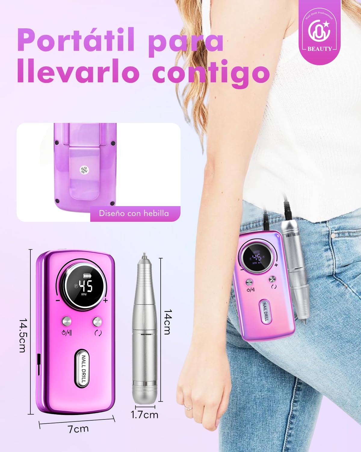 CozyZen Torno de uñas inalámbrico profesional: kit de lima de uñas eléctrica recargable de 45000 RPM, portátil y silencioso para uñas acrílicas, uñas de gel, manicura y pedicura - uso en salón y en
