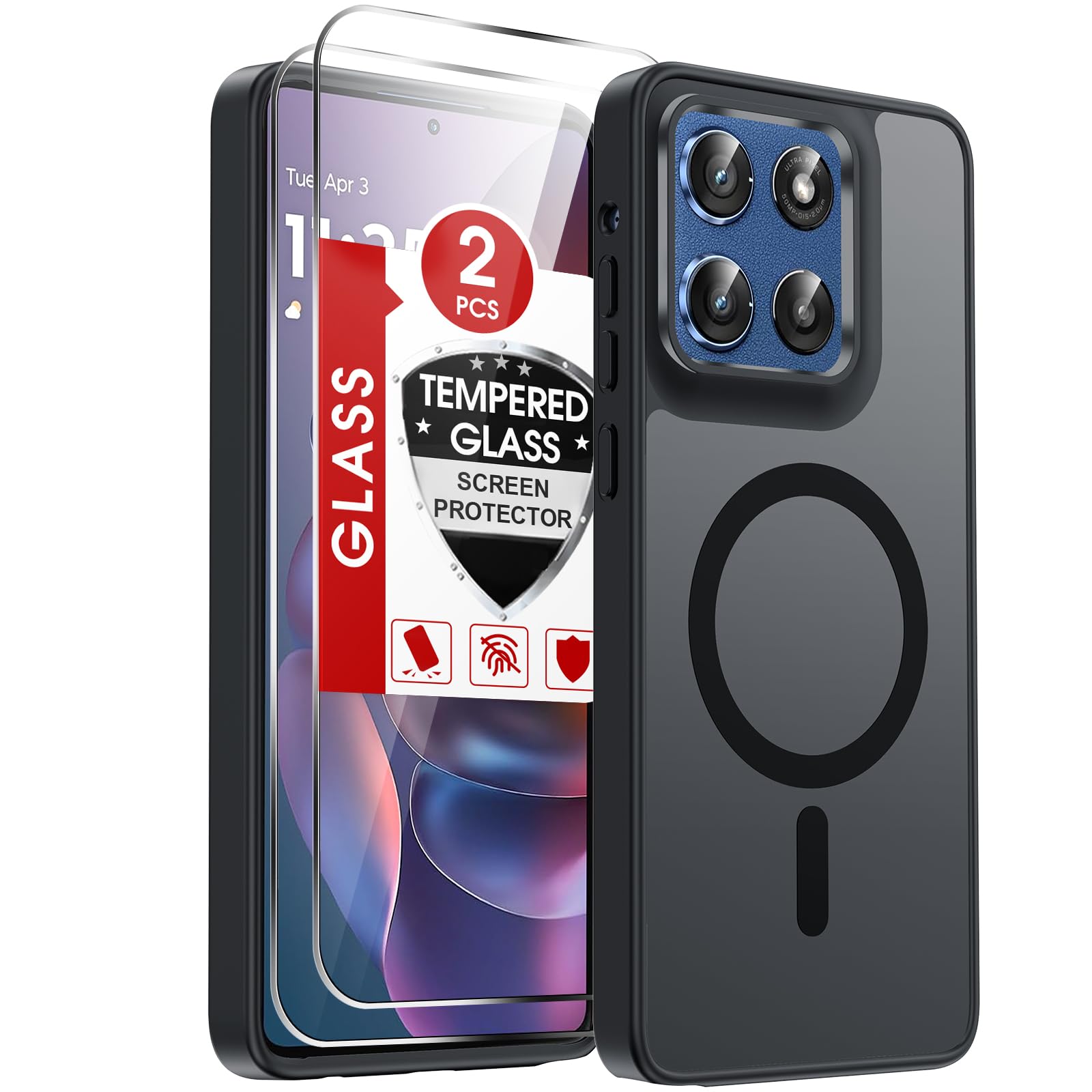 LeYi for Moto G-Stylus-2025 Case: Motorola G Stylus 2025 Case [Mag-Safe Fit] with 2X Screen Protector, Raised Camera Guard Matte Translucent Slim Translucent para Moto G Stylus 2025 Phone Case, Black