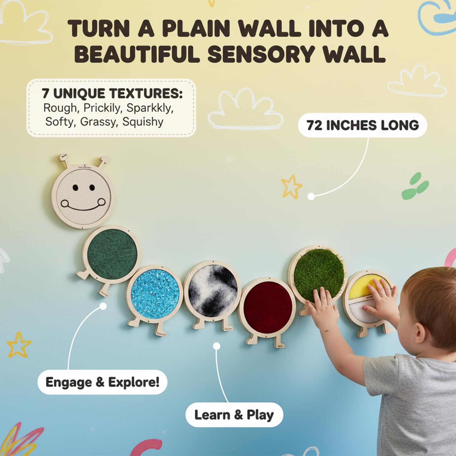 The Funny Mind Caterpillar Woolly Sensory Wall for Kids and Toddlers with 7 Different Fabrics and Material (Rough, Prickly, Sparkly, Furry, Softy, Grassy, and Squishy) - 72 Inch 3