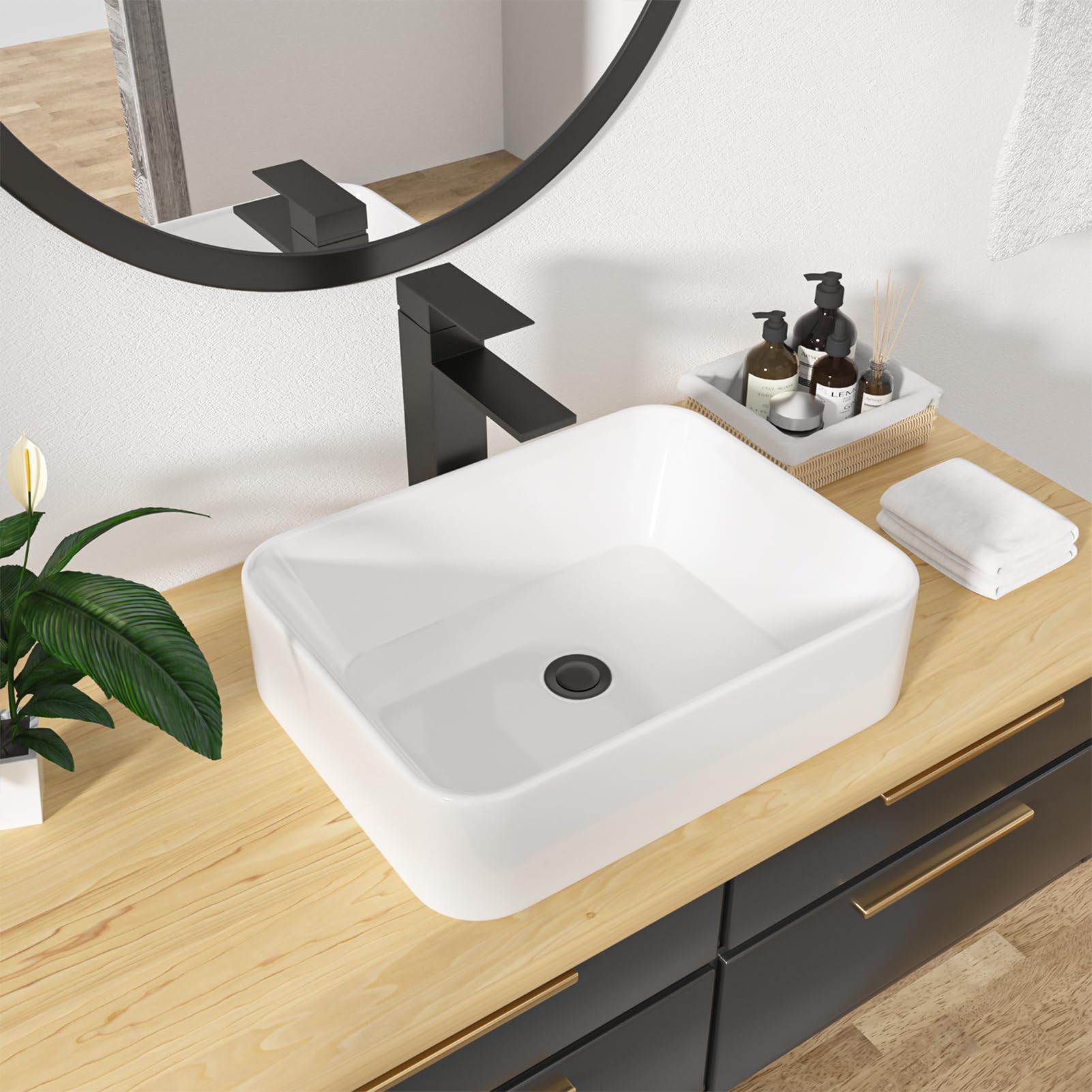 Kichae - Lavandino da bagno rettangolare – 48 x 38 cm moderno bianco lavabo da bagno rettangolare sopra il bancone porcellana bianca vaso in ceramica lavabo lavabo artistico