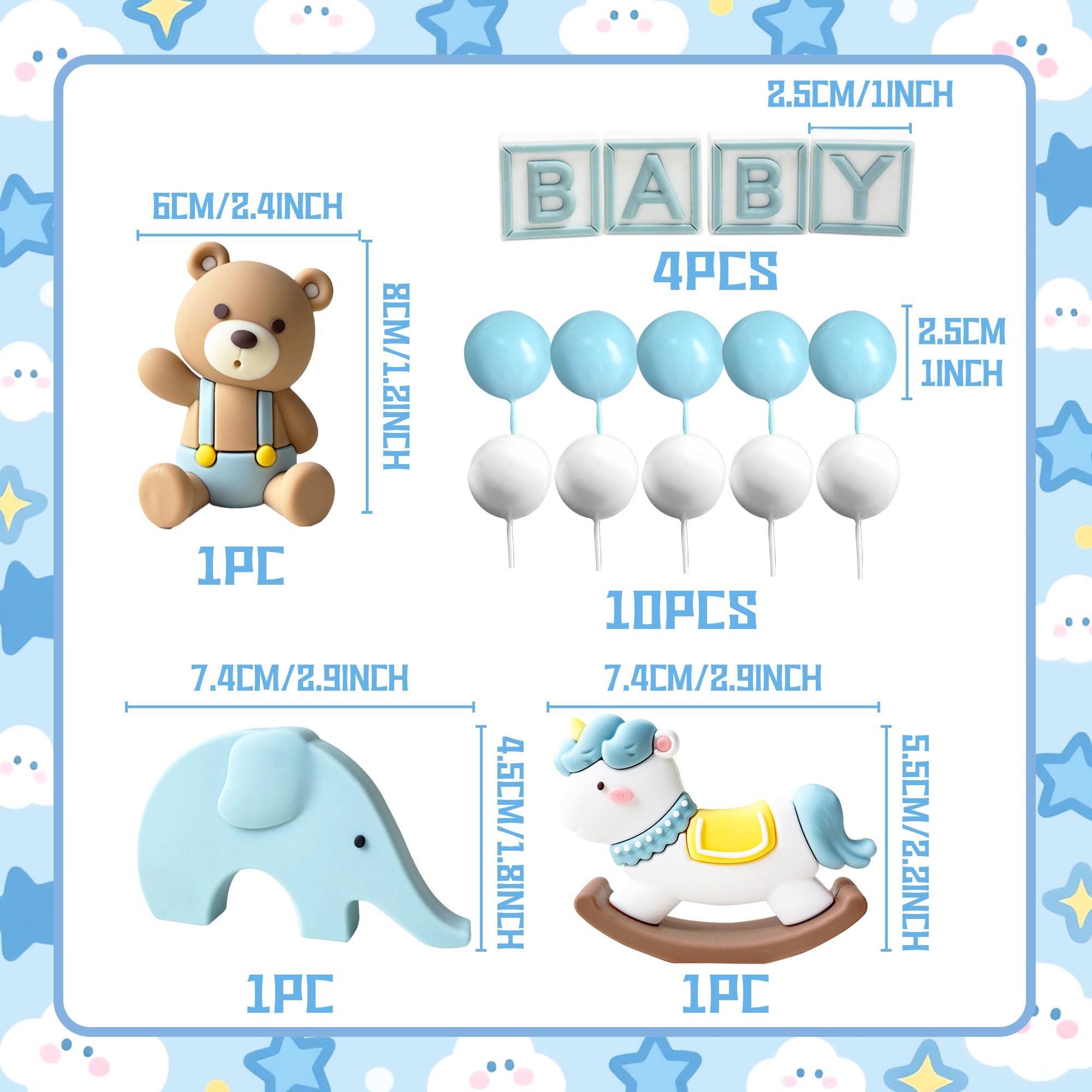 Blaue Bären & Goldkugeln Kuchen Topper – 12-teiliges Set Mit Niedlichem Capybara-Motiv – Inklusive Bär, BABY-Schriftzug, Kugeln, Sterne & Mini-Leiter – Perfekt Für Babyparty, Gender Reveal & 1. Geburtstag