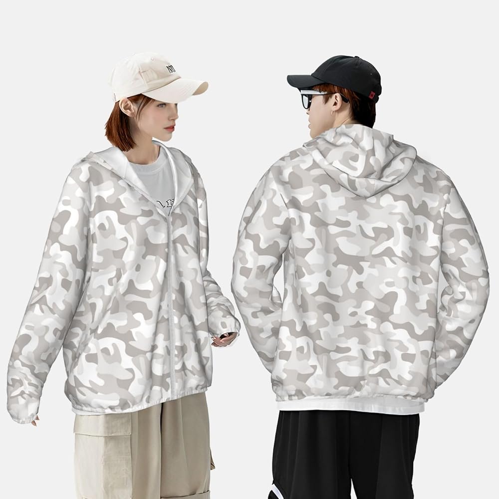 Zip Up Hoodie for Men Women - Light Gray Camouflage Hooded Sun