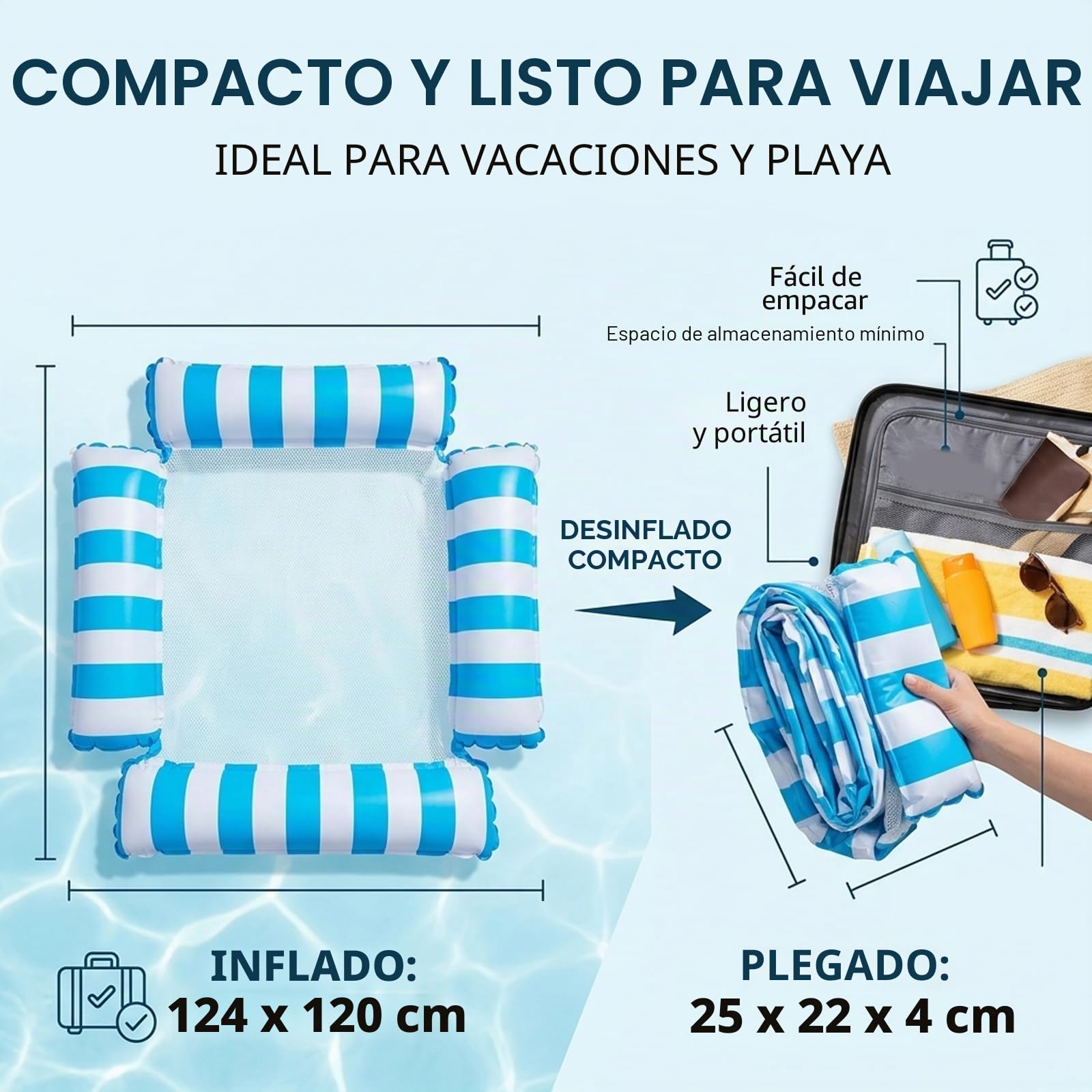 Hamaca Piscina, Colchoneta Piscina, Hamaca de Agua Inflable, Flotadores Piscina Adultos, Azul Cielo, Diseño de 4 Tubos Estable, para Verano, Playa, Fiesta