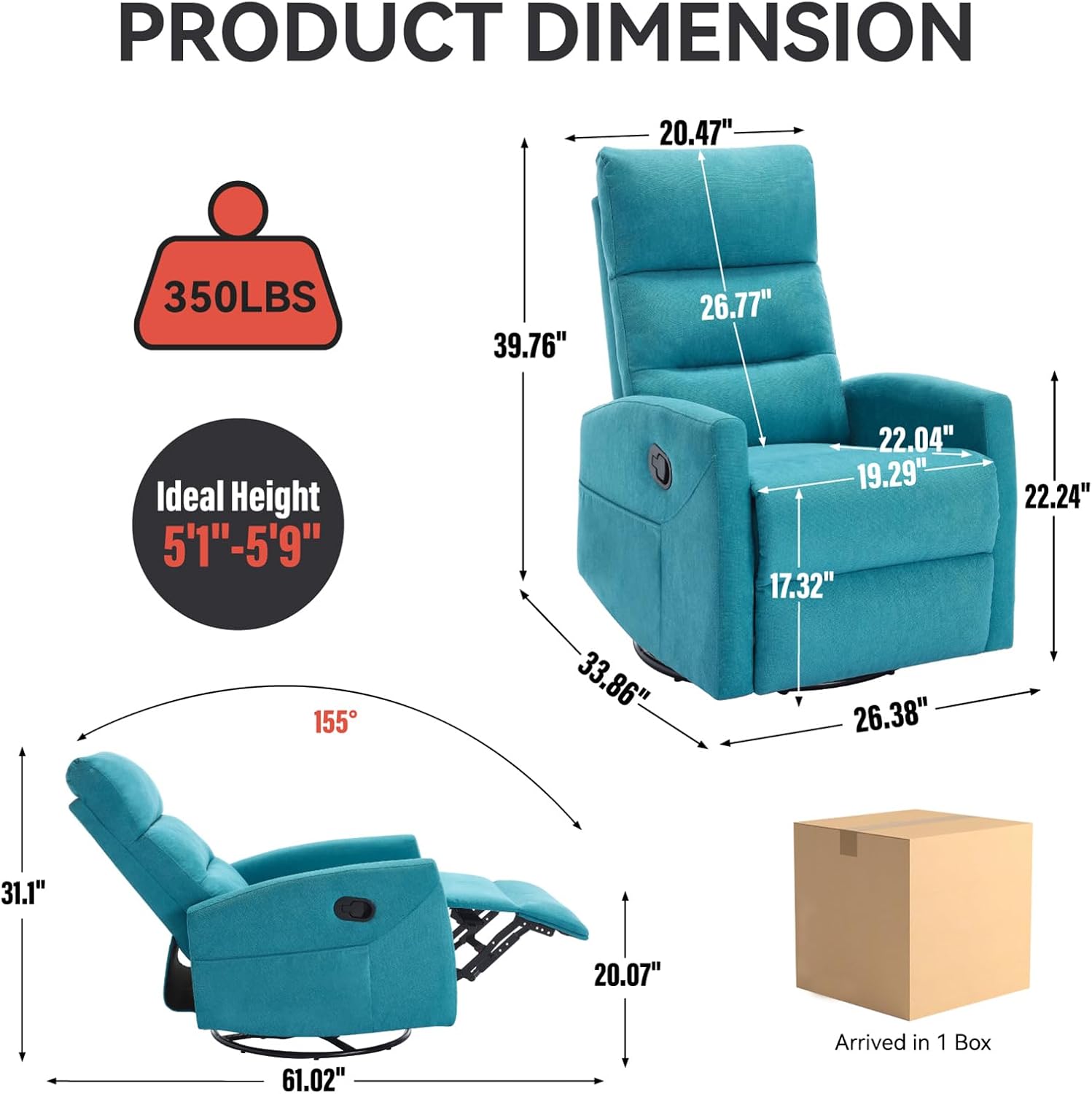 Swivel Rocking Recliner Chair, Upholstered Glider Rocker with Adjustable Backrest and Footrest, Modern Rocking Chair for Adults with 2 Pockets for Nursery, Lounge, Bedroom, Living Room (Blue)