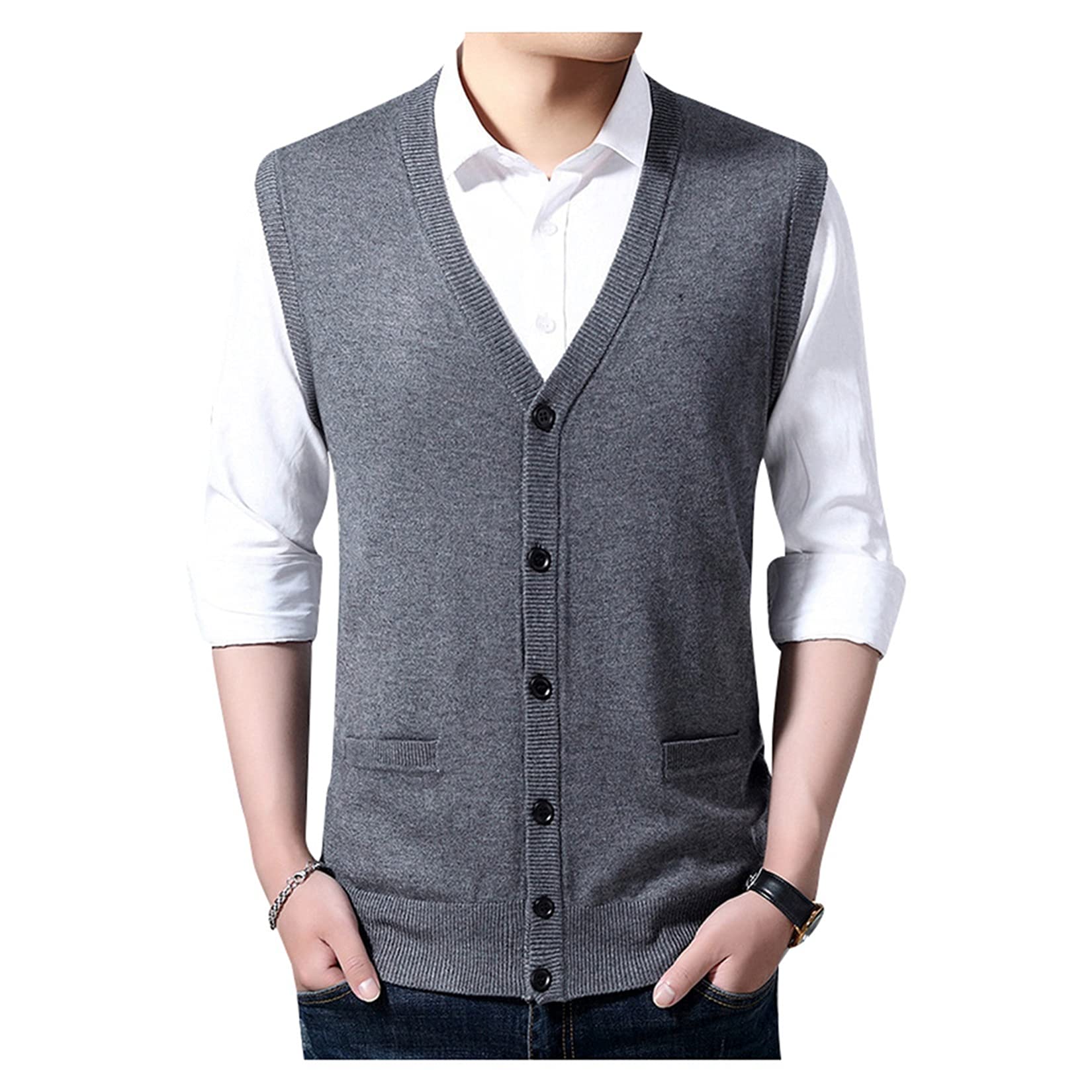 Dawwoti Men's Sleeveless Knitted Sweater V Neck Button Cardigans Gilets Business Casual Knitwear Vest
