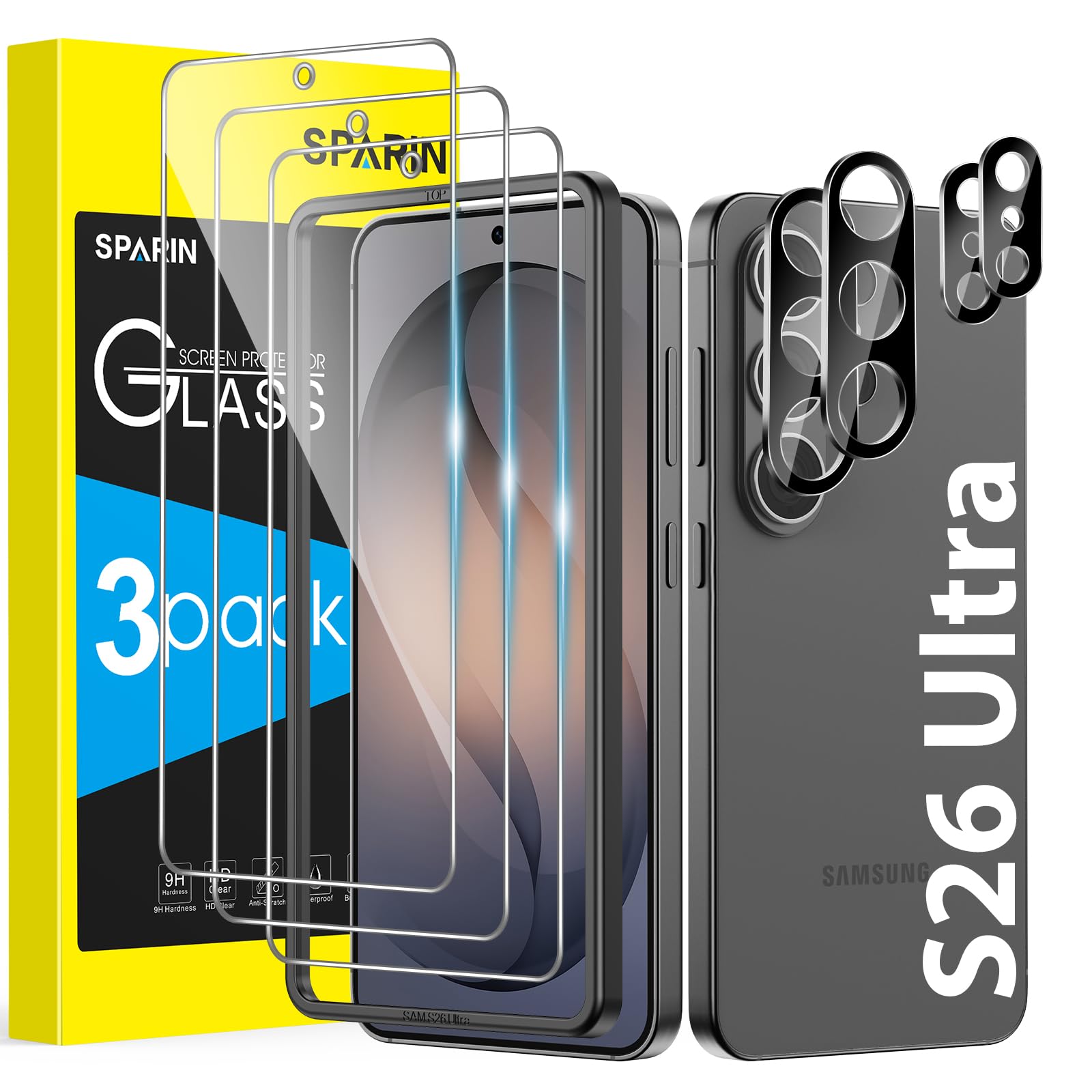 SPARIN für Samsung Galaxy S26 Ultra Panzer Schutz Glas, 3 Schutzfolie und 2 Kameraschutz mit Einfache Montage Rahmen, Kompatibel mit Fingerabdrucksensor,9H Härte,Anti-Kratzen,Anti-Bläschen,HD-Klar