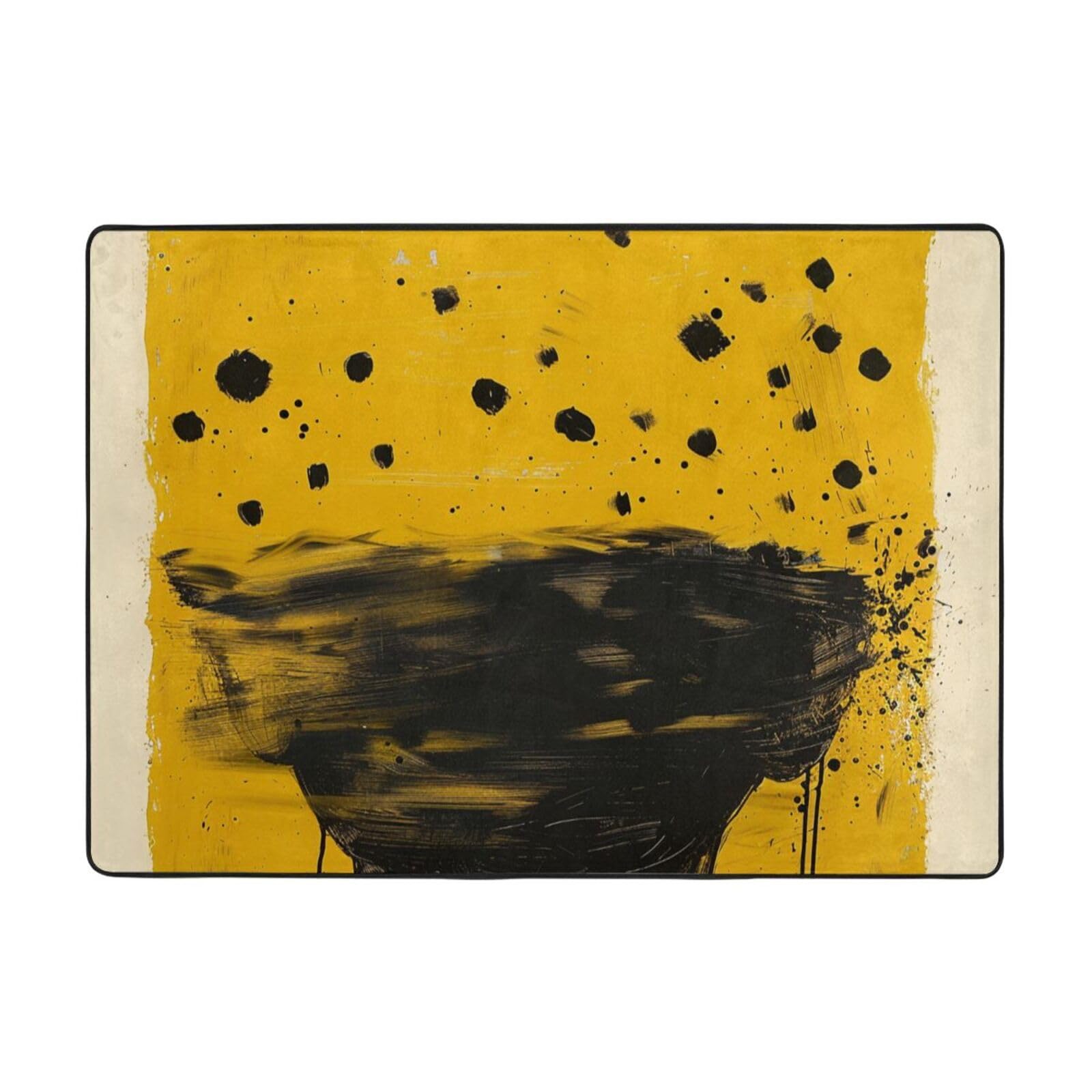 Tapis jaune moutarde pour salon cocooning | Grand format 200x150 cm et motif imprimé noir moderne