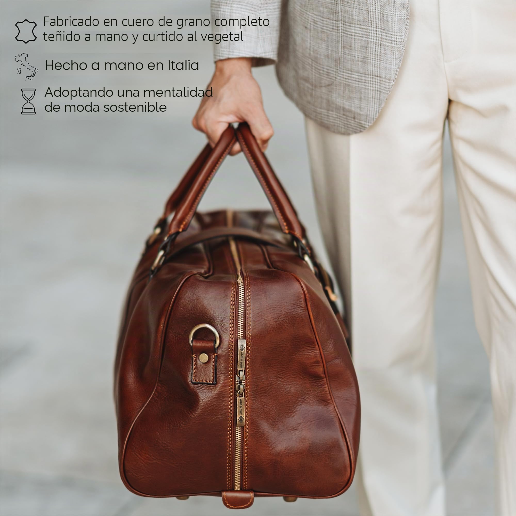 Time Resistance Bolso de Viaje de Piel para Hombre y Mujer - Bolsa de Cuero para Fin de Semana o Deporte con Cómodos Espacios