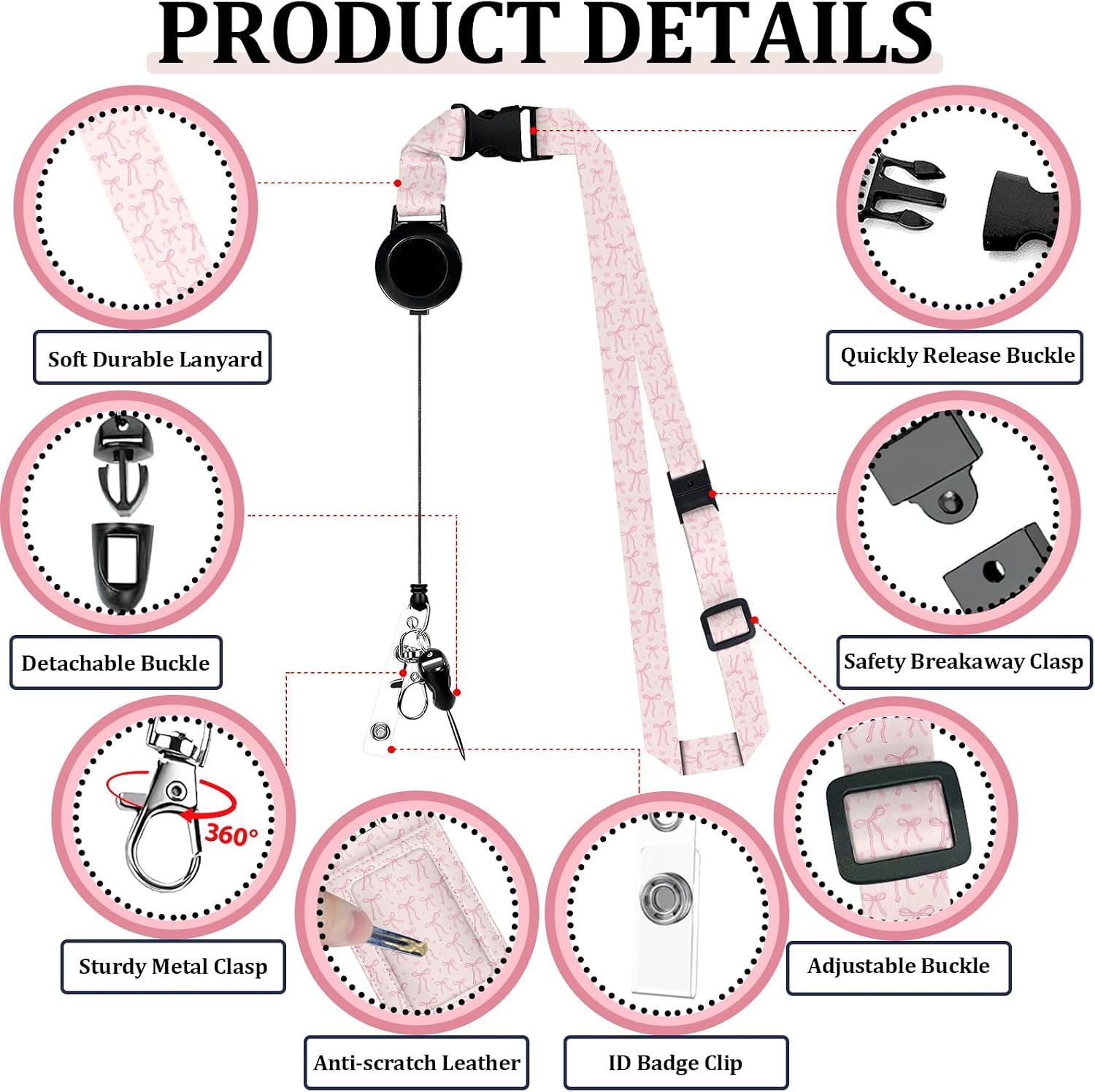Pink Bow Lanyard with ID Card Holders, Cute Double Side ID Badge Holder with Adjustable Breakaway Lanyard for Keys,Retractable Badge Reel with 360° Rotate Carabiner Clip,for Women Nurse Teacher Office image 5