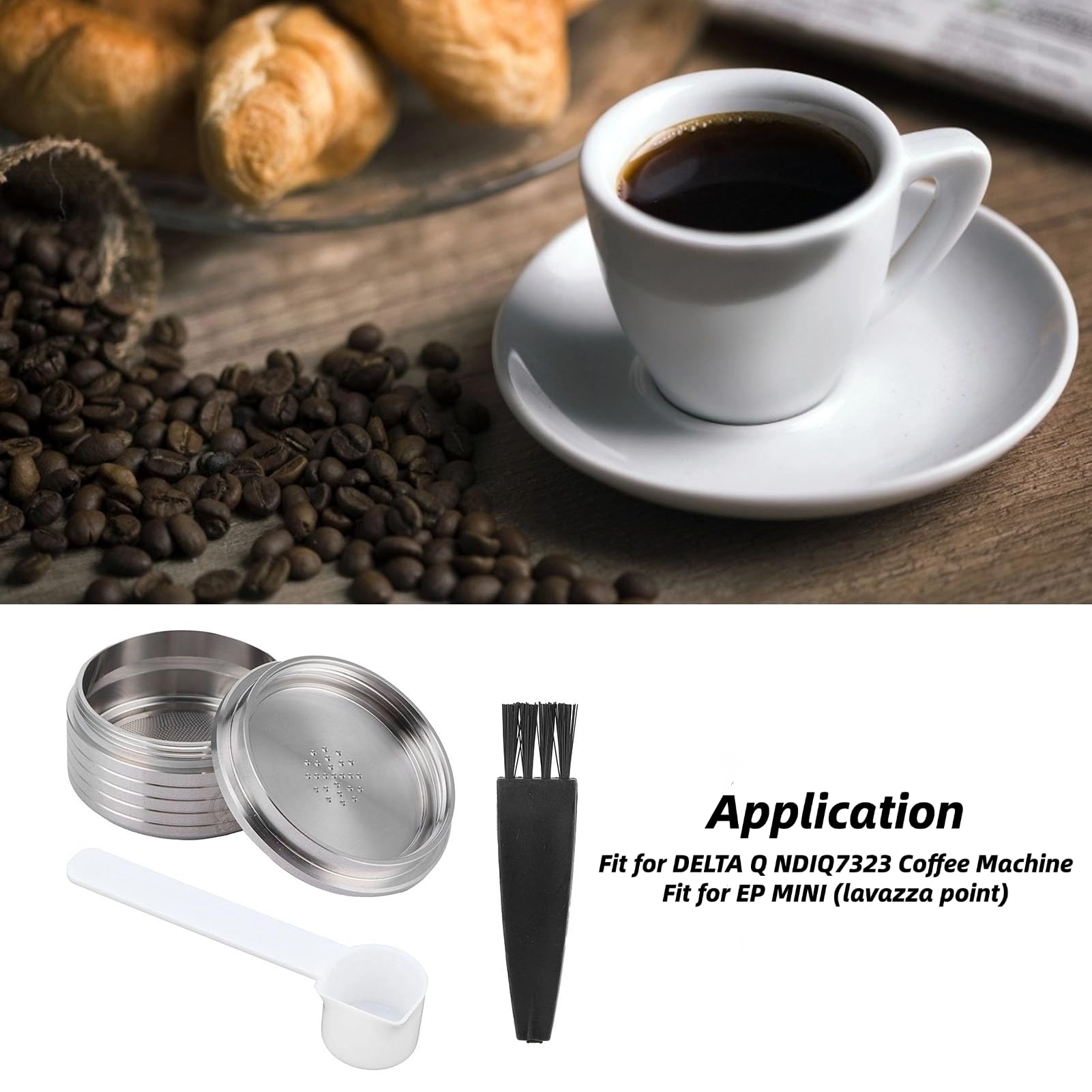 Cápsula de café reutilizable, cápsulas de café recargables de acero inoxidable, con cepillo de cuchara para cafetera DELTA Q NDIQ7323