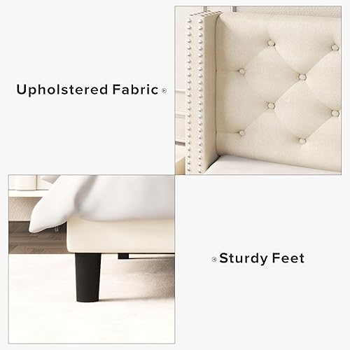 Miniatura 6 de Youmumeub Base de cama tapizada, marco de cama tapizado de tamaño matrimonial con cabecera ajustable, marco de cama de plataforma completa