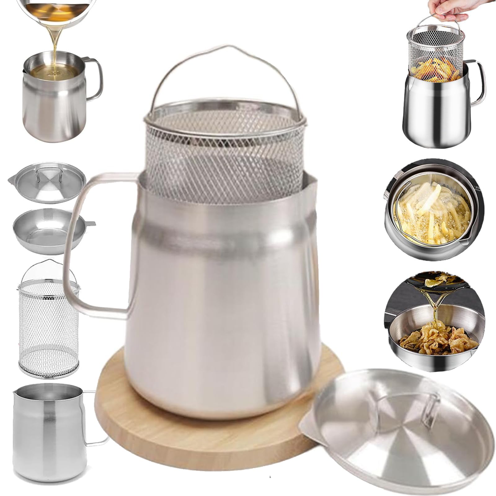 Recipiente de filtro de aceite versátil de acero inoxidable 304 de gran capacidad, olla de filtro de aceite de acero inoxidable, mini freidora de aceite de cocina y taza de filtro, tanque de red