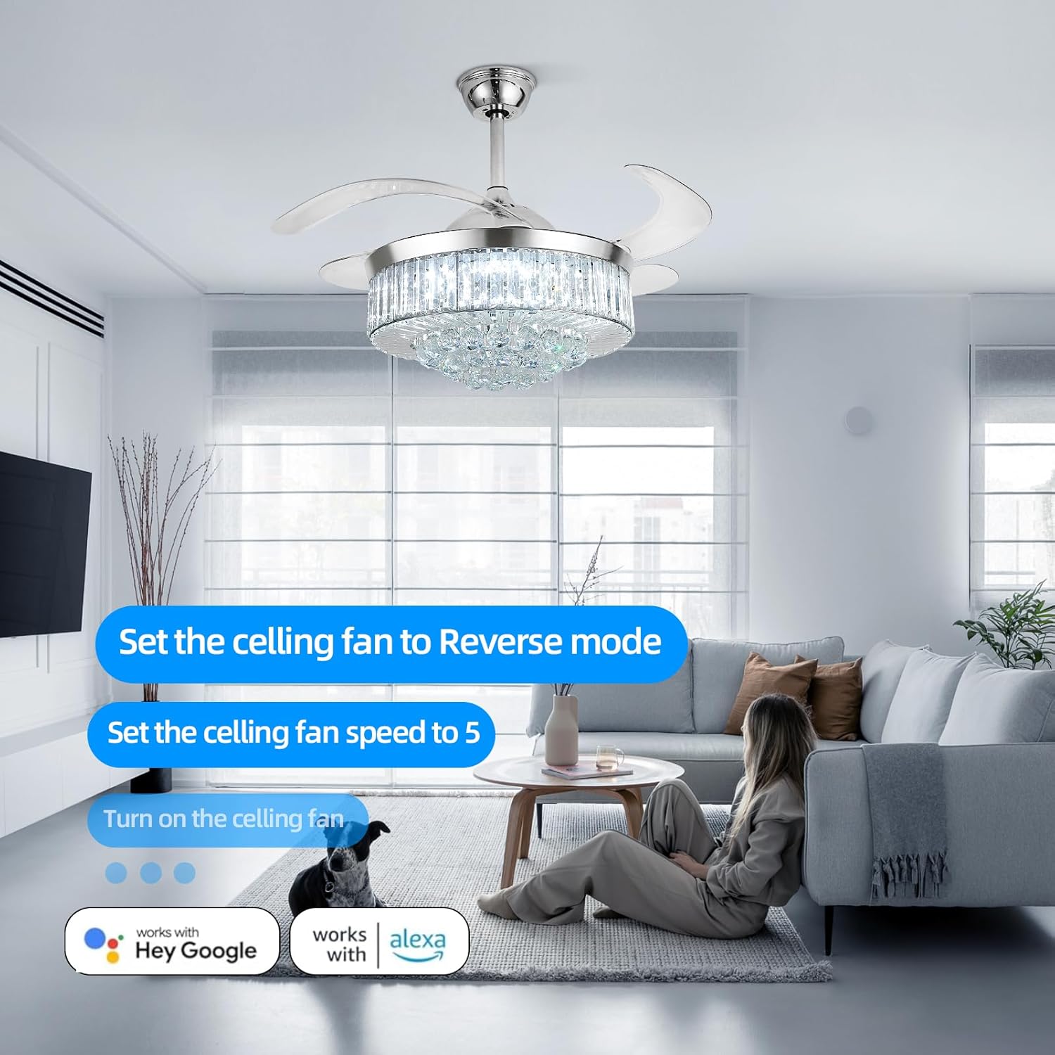 42" Smart Retractable Crystal Ceiling Fan with Light: Alexa/Google Home & Remote, Bluetooth Speaker, Dimmable RGB Light, 6-Speed Reversible Fandelier Chandelier Fan for Bedroom,Dining/Living Room