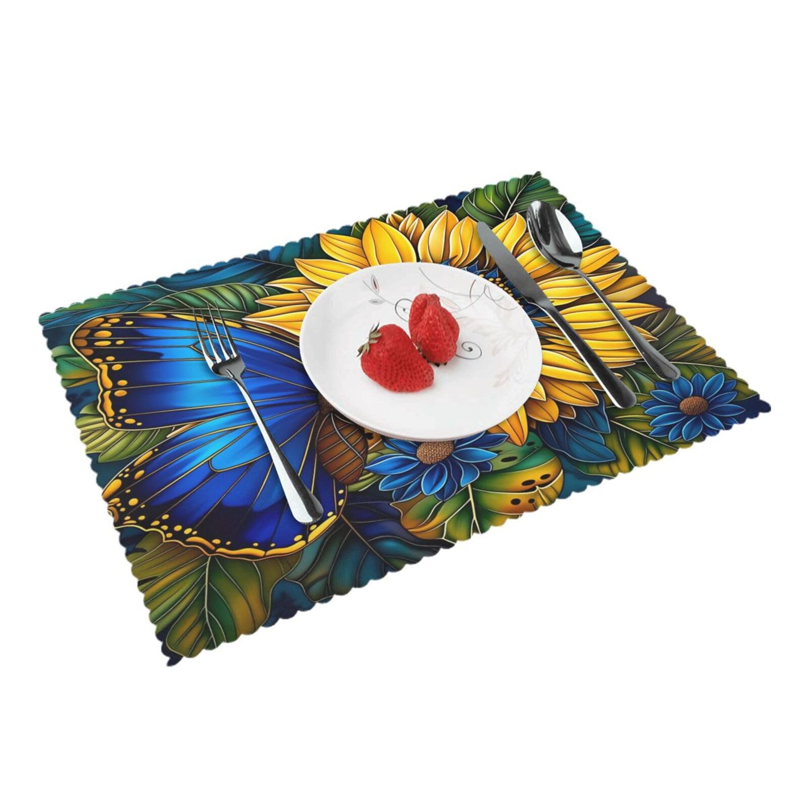 Sunflower Butterfly Blue Floral Placemats Set of 4 Print Table Mats Place Mats Table Decor for Kitchen Dining 12X18 in