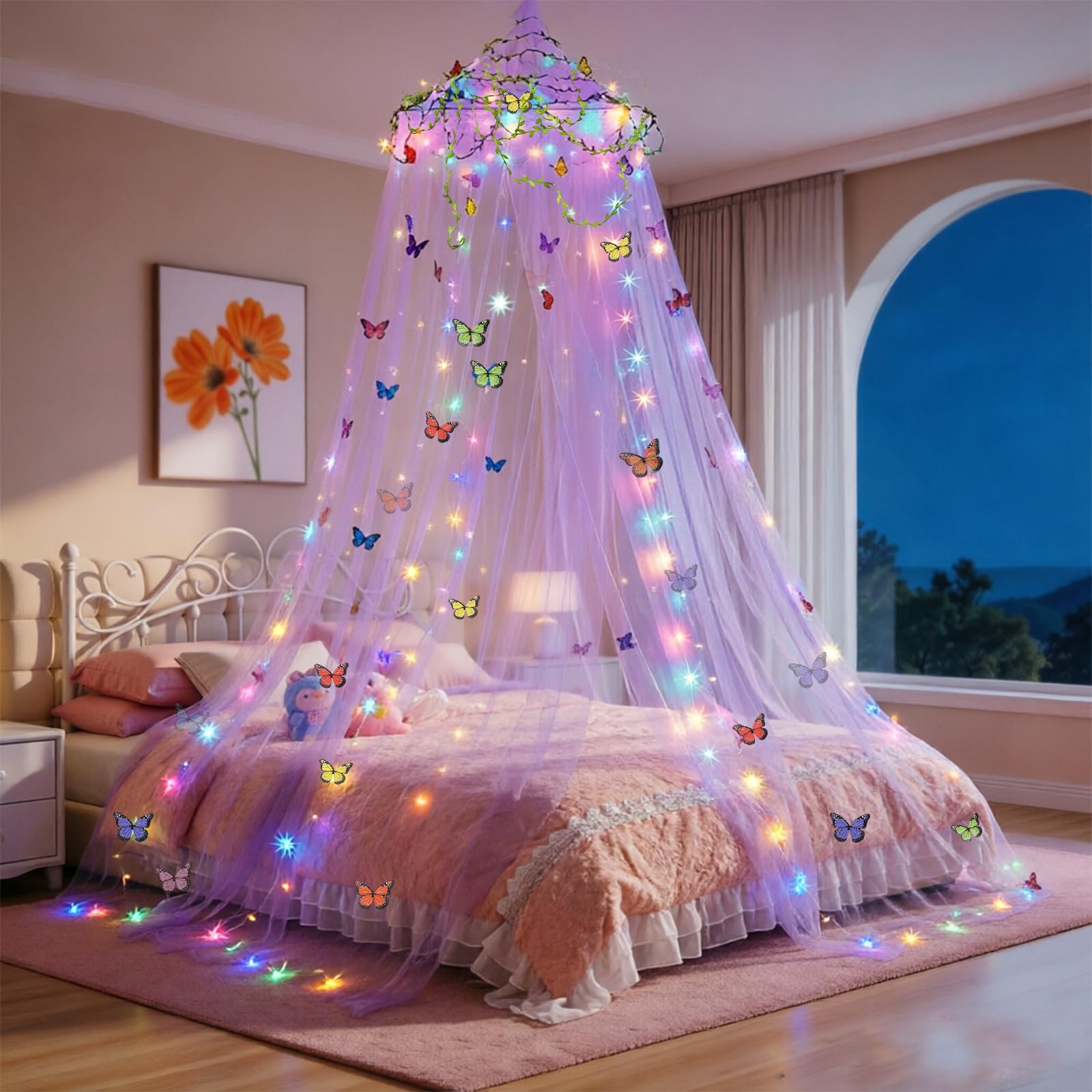 Apradas Round Girls Bed Canopy with 40 LED Lights - Rainbow Bed Curtains for Kids Bedroom - with Vine Glowing Stars Butterflies - Fits Single, Twin, Full, Queen Size Kids Bed (Purple)