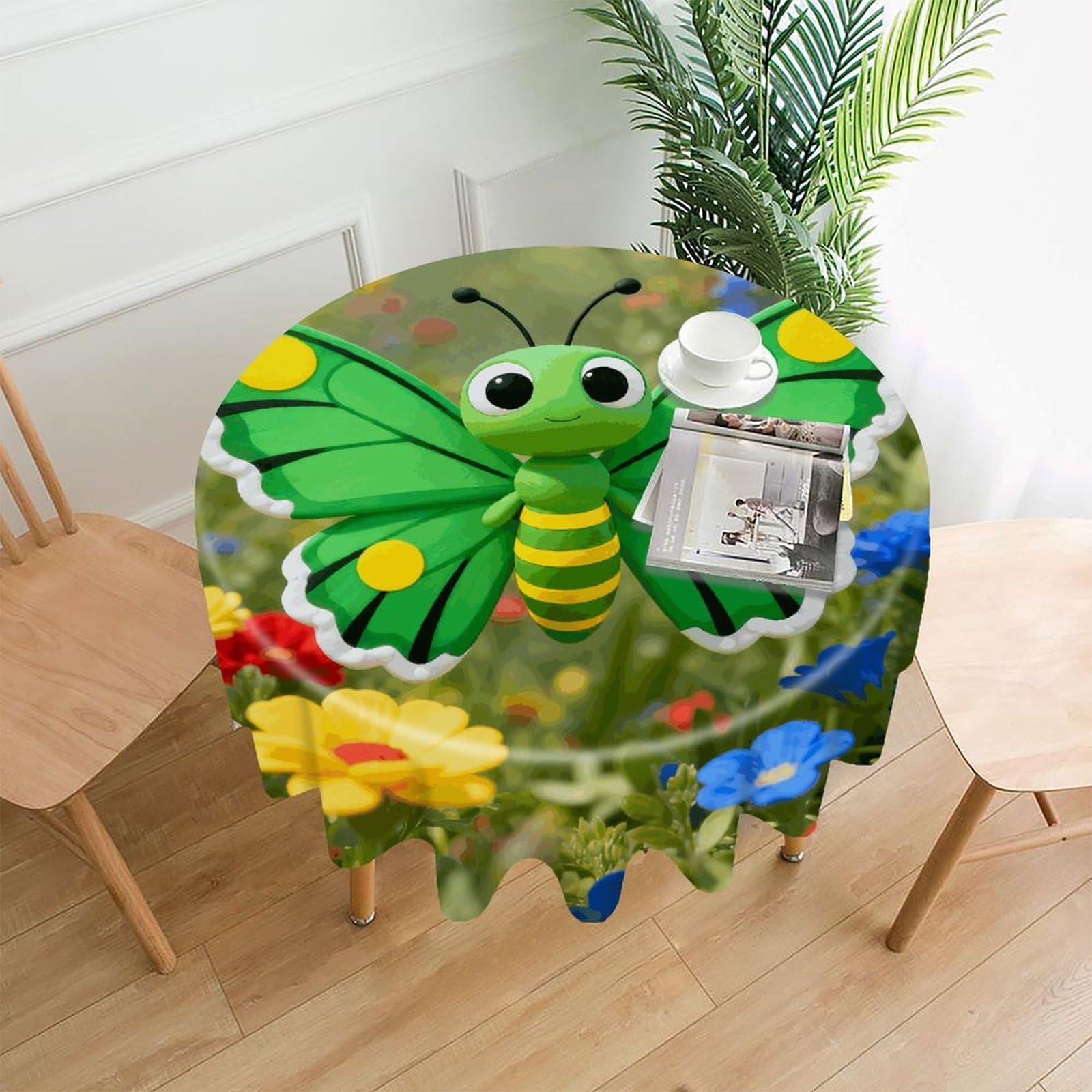 LDGSUPH Green Butterfly Round Tablecloth Cover Washable Luxurious Fabric Table Cover Decor Wrinkle Free Fashion Round Table Cloth for Home Dining Kitchen Party 60 in