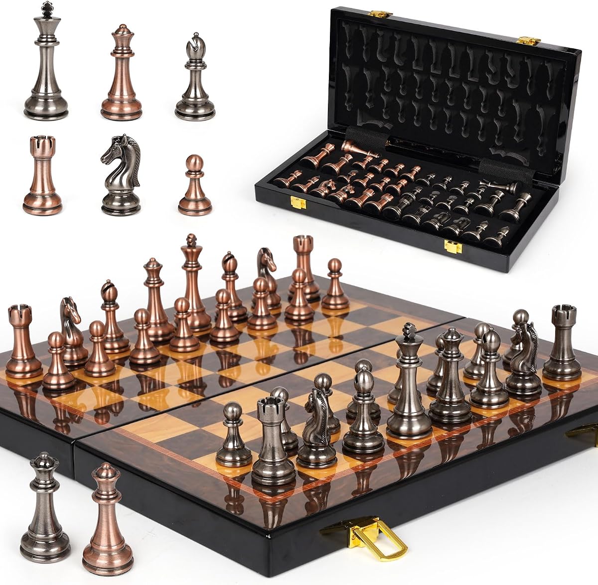 Juego de ajedrez de metal de lujo con tablero de ajedrez de madera de 15 pulgadas | Piezas de ajedrez de metal ponderadas | 2 reinas adicionales | Juego de ajedrez profesional y estilo torneo para adultos | Decoración elegante para sala de juegos y oficina