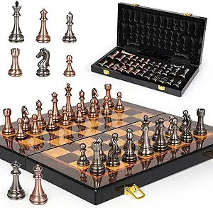 Luxury Metal Chess Set with 15 Inch Wooden Chess Board