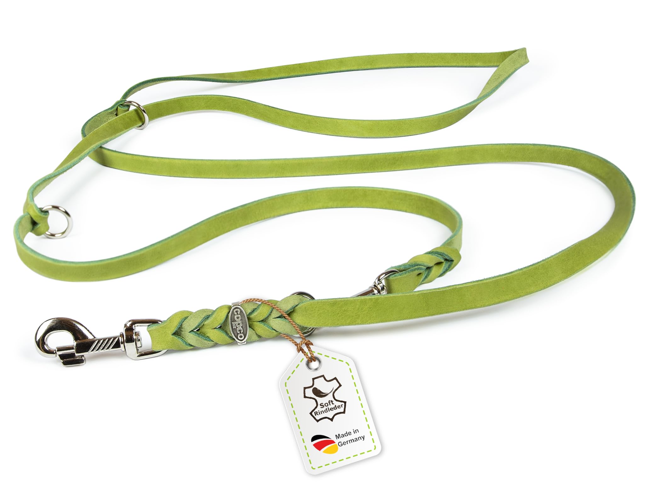CopcoPet Correa de cuero engrasado verde, 3 m x 15 mm, ajustable en 3 posiciones y trenzada, hecha a mano en Alemania, herrajes cromados, robusta, resistente al agarre, para perros medianos y paseos