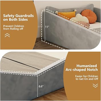 JOYMOR Toddler Bed, Floor Bed with Safety Guadrail, Montessori Toddler Bed with Animal Ear Shapes, Soft Velvet Wood Bed for Infant, Kids, Mattress not Included (Gray)