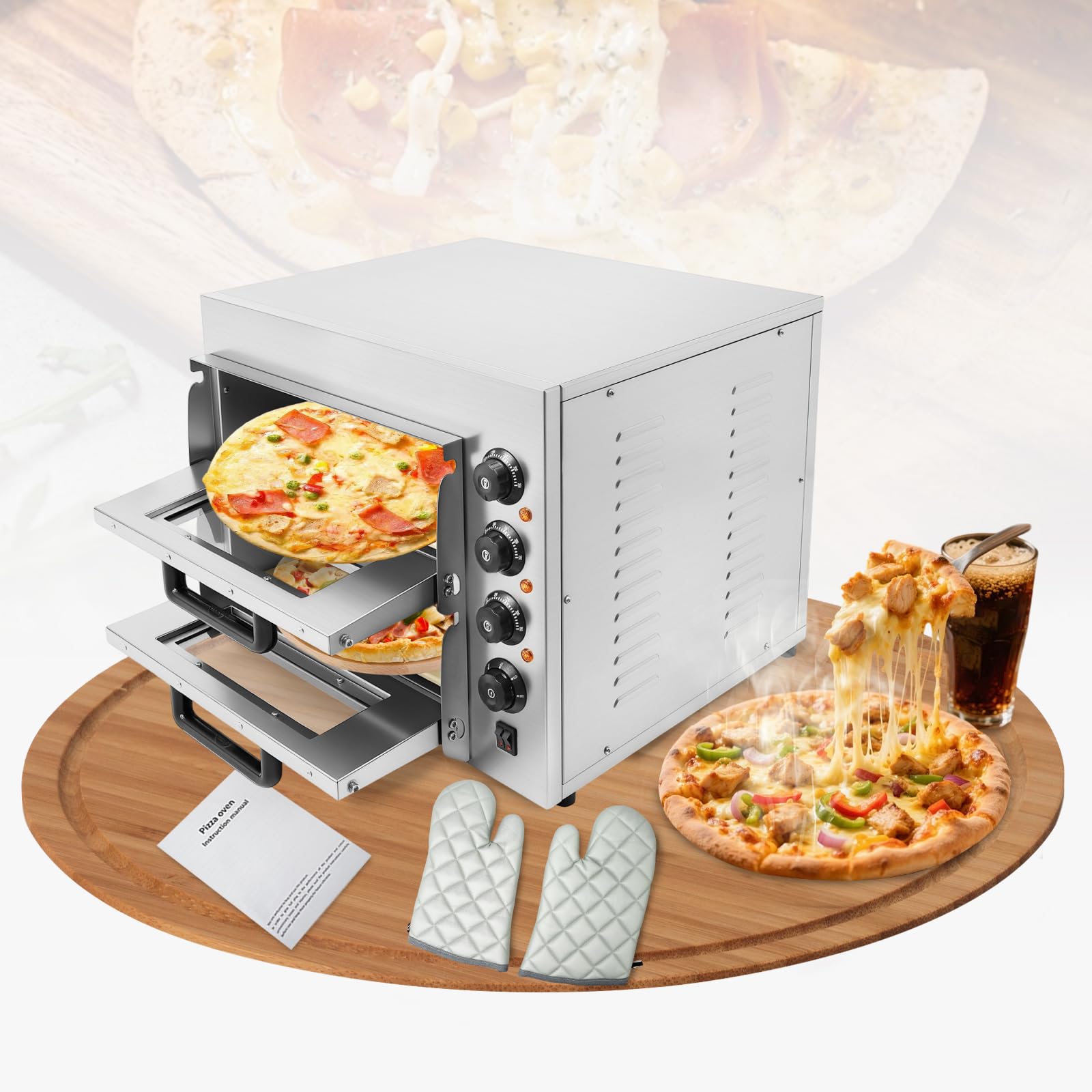 Elektryczny piec do pizzy, 3000 W, dwuwarstwowy mini piec do pizzy, komercyjny piec do pizzy, z regulacją temperatury 50-350℃ i funkcją wyłącznika czasowego, do gastronomii, pieczenia w domu