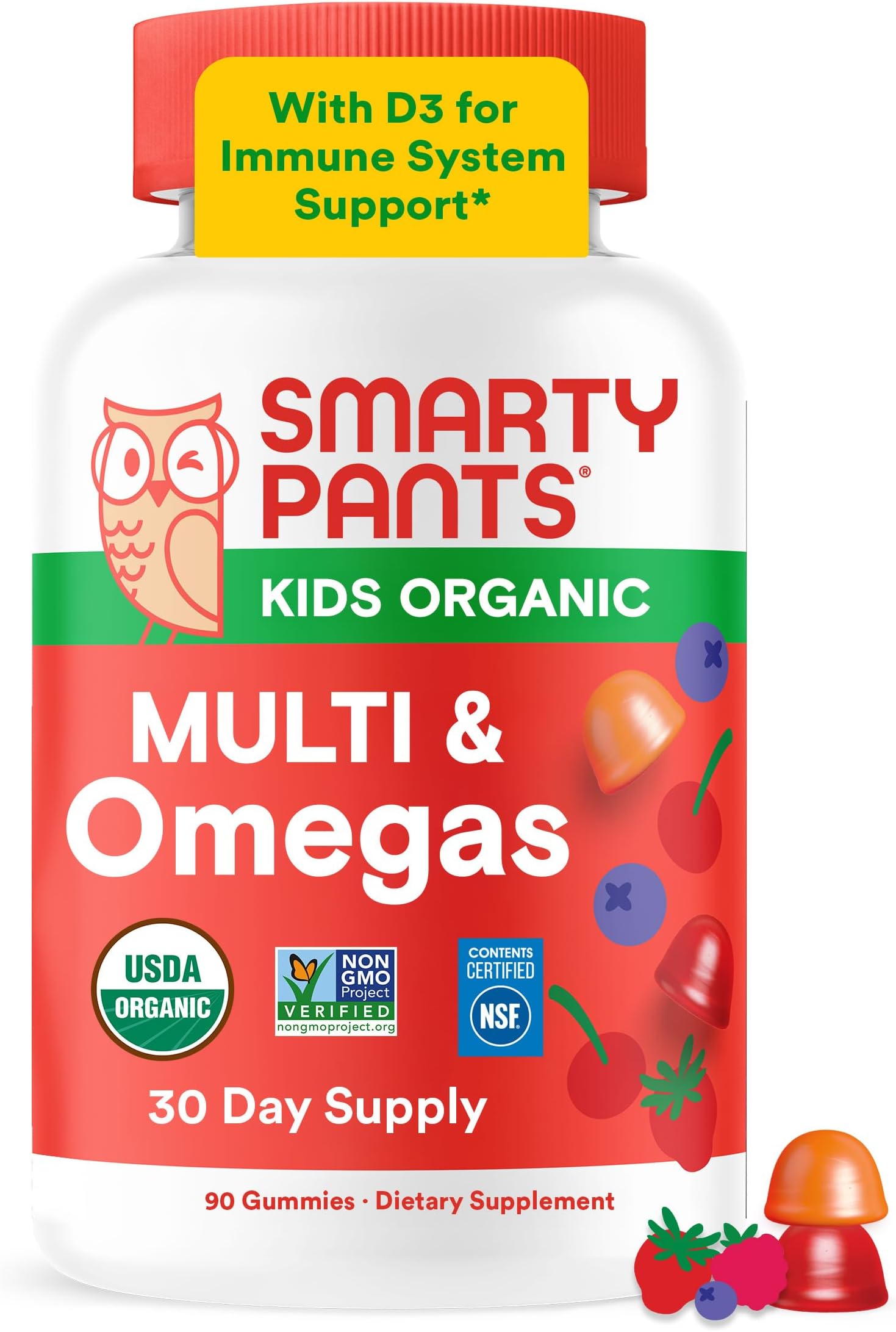 Organic Kids Multivitamin Gummies: Omega 3 (ALA), Beta Carotene, Vitamin B12, B6, A, K & Zinc for Immune Support, Biotin, Vegetarian, Three Fruit Flavors, 120 Count (30 Day Supply)