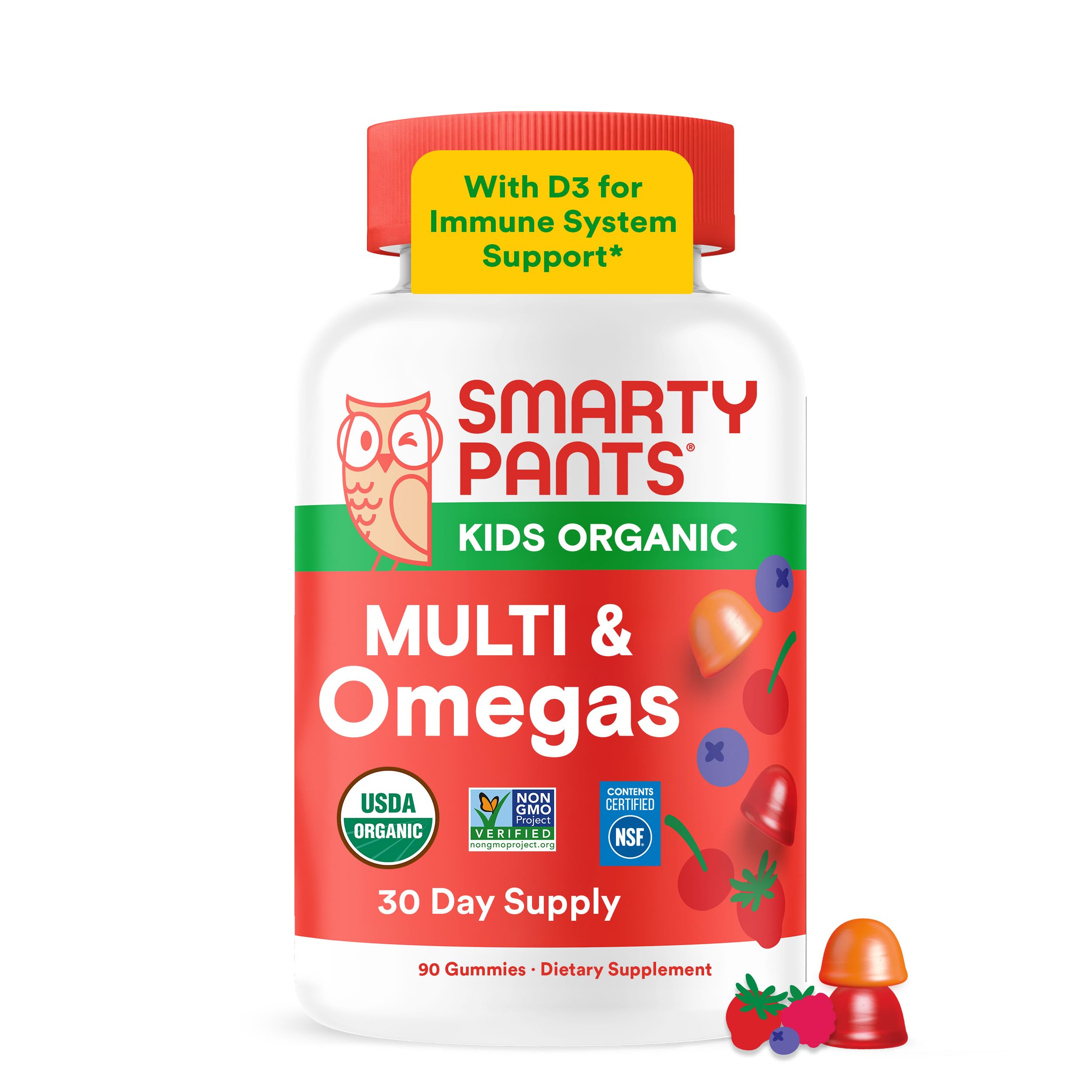 SmartyPants Organic Kids Multivitamin Gummies: Omega 3 (ALA), Beta Carotene, Vitamin B12, B6, A, K &amp; Zinc for Immune Support, Biotin, Vegetarian, Three Fruit Flavors, 120 Count (30 Day Supply)