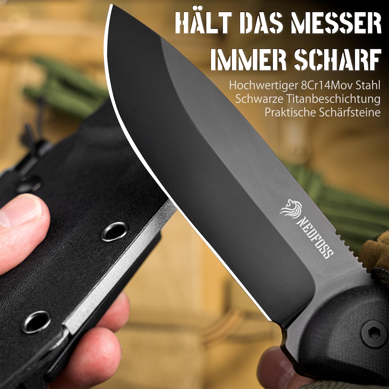 NedFoss SEAL BK nóż outdoorowy o stałej klindze, 10,5 cm, stal D2, nóż survivalowy Full Tang z krzesiwem 10 cm i ostrzałką, nóż Bushcraft z uchwytem G10 i kaburą Kydex, nóż myśliwski, nóż wędkarski
