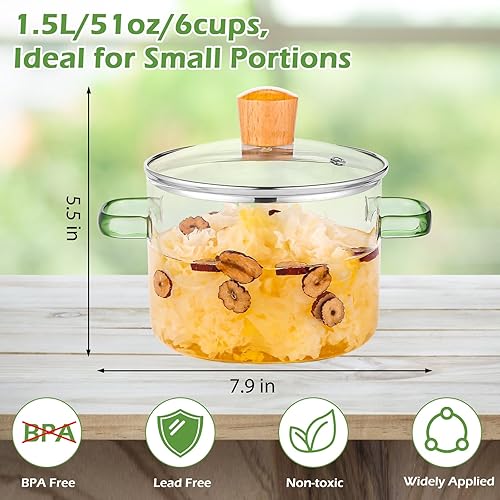 Miniatura 2 de Olla de vidrio de 1.5L51 oz6 tazas con tapa, ollas de vidrio para cocinar, olla de vidrio para cocina, olla de vidrio con tapa, apta para hornogas