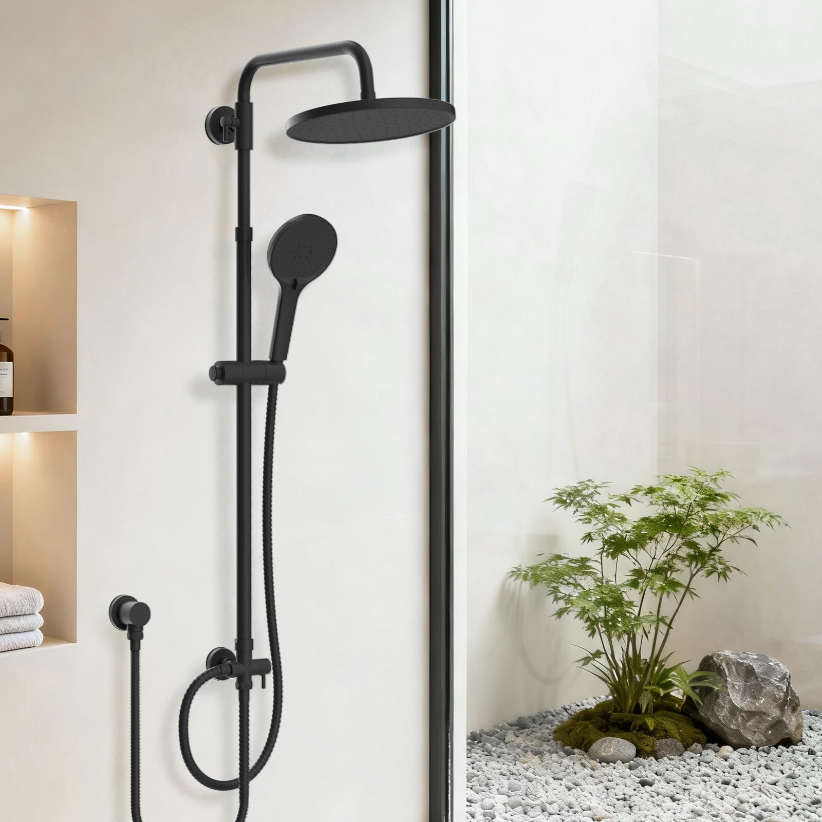 Hibbent Self-Cleaning Rainfall Shower Head, 304 Stainless Steel, 3-Mode Handheld Shower Head, Adjustable Height, Anti-Leak Hose, Easy Reach Shower Holder, Easy Install - Black (Without Mixer)