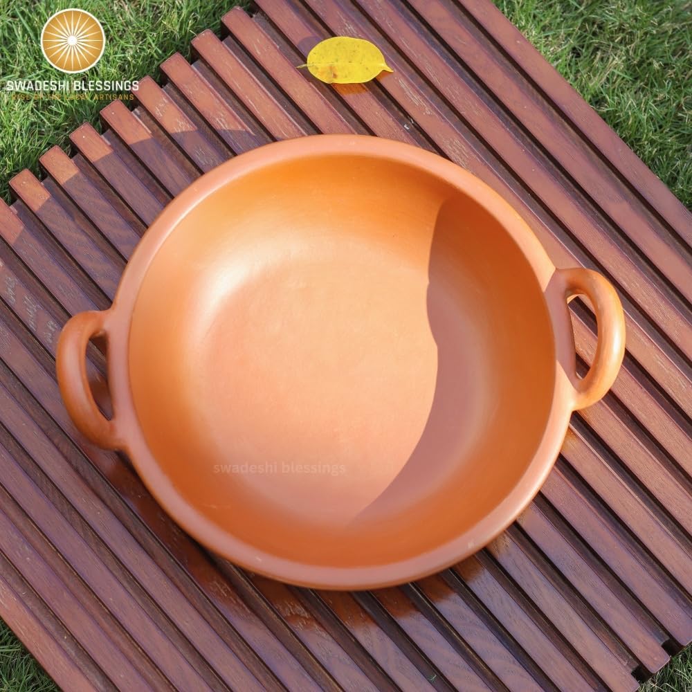 SWADESHI BLESSINGS HandMade Exclusive Range Unglazed Clay/Mitti/Earthen Kadai for Cooking, 1.8Liters (with Natural Firing Shade & Mirror Shine) + Free Palm Leaf Stand (Red 1.8L) (Flat Base)