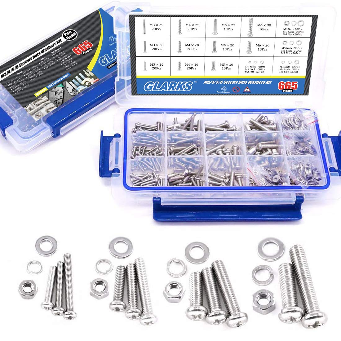 Glarks 665Pcs M3 M4 M5 M6 Stainless Steel Phillips Pan Head Screws Bolts Nuts and Flat Gasket Spring Washers Assortment Kit