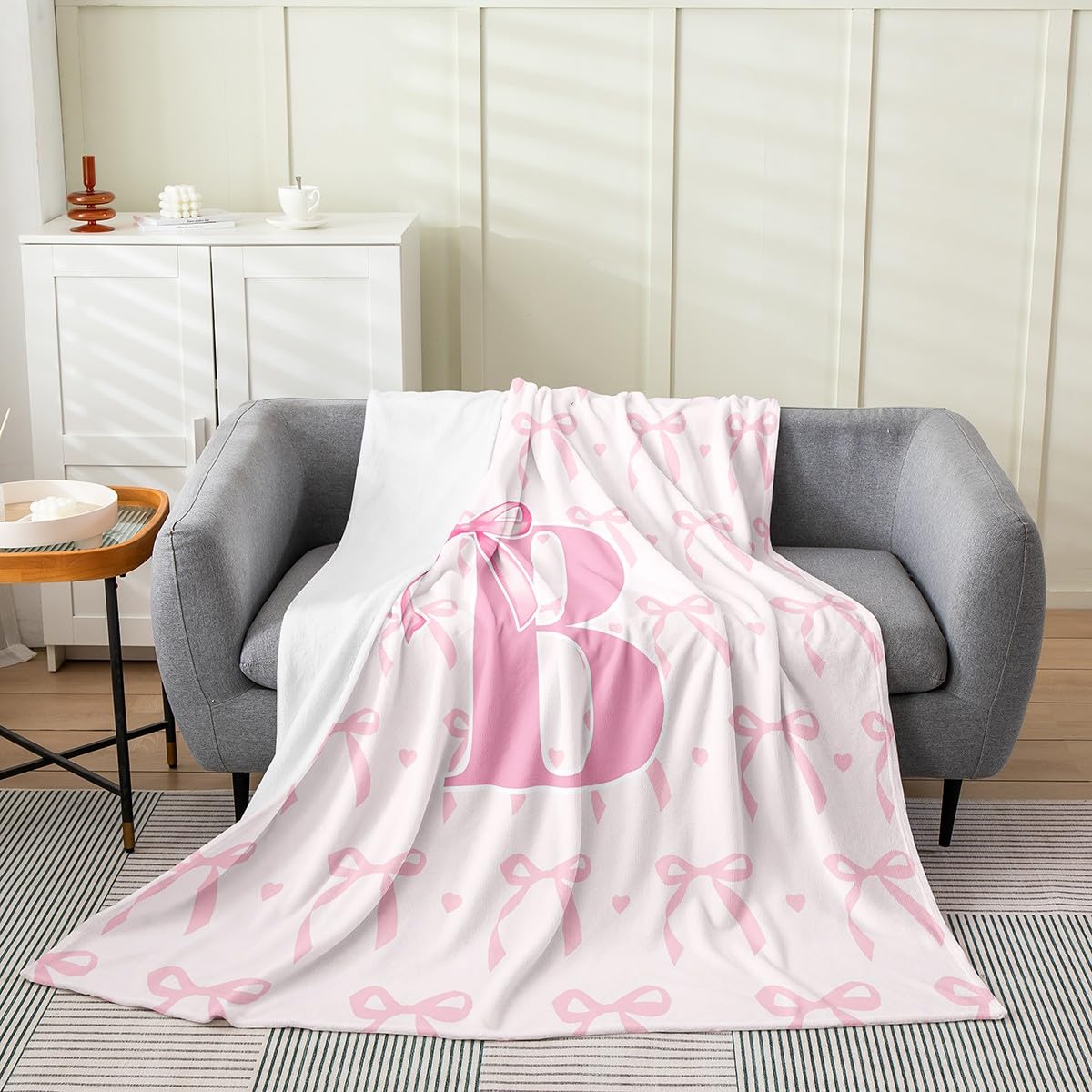 Homemissing Cute Pink Bow Kids Fleece Throw Blanket Queen 90x90Inch,Boys Girls Personalized Letter B Flannel Plush Blanket,Cute Coquette Bow Knot Soft for Bed Couch Chair,Initial Letter B Monogrammed