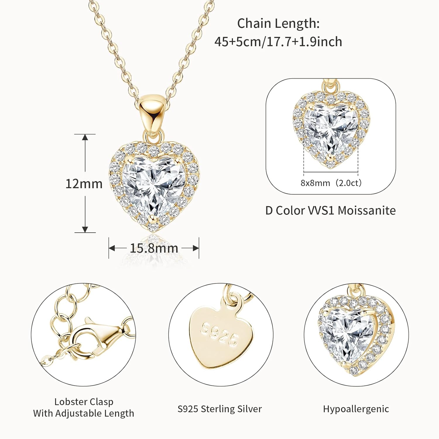 2CT Heart Moissanite Pendant Necklace, D Color VVS1 925 Sterling Silver Dainty Pendant for Women, Wife, Mom, Lady Birthday Gifts - Image 3