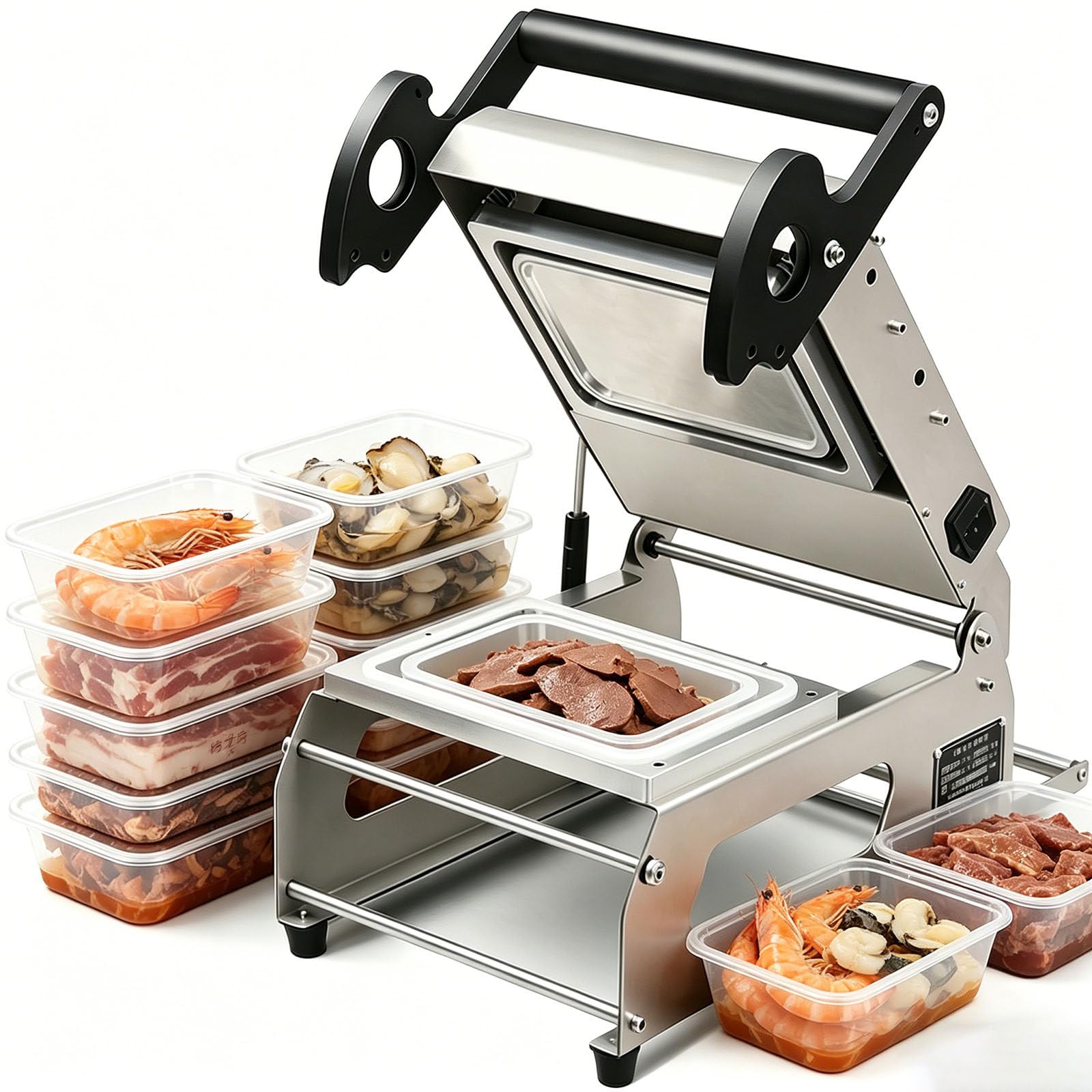 Sigillatrice Manuale per Packaging Alimentare, Chiusura a Caldo per Vaschette da Asporto, 7-10 Pezzi/Min, Misura Contenitore 20x14 cm, per Pescherie, Fruttivendoli, Salumerie