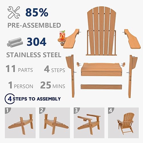 Miniatura 6 de Plawdlik Adirondack Juego de 2 sillas plegables, probadas por SGS, textura de madera con portavasos, polietileno de alta densidad resistente a todo
