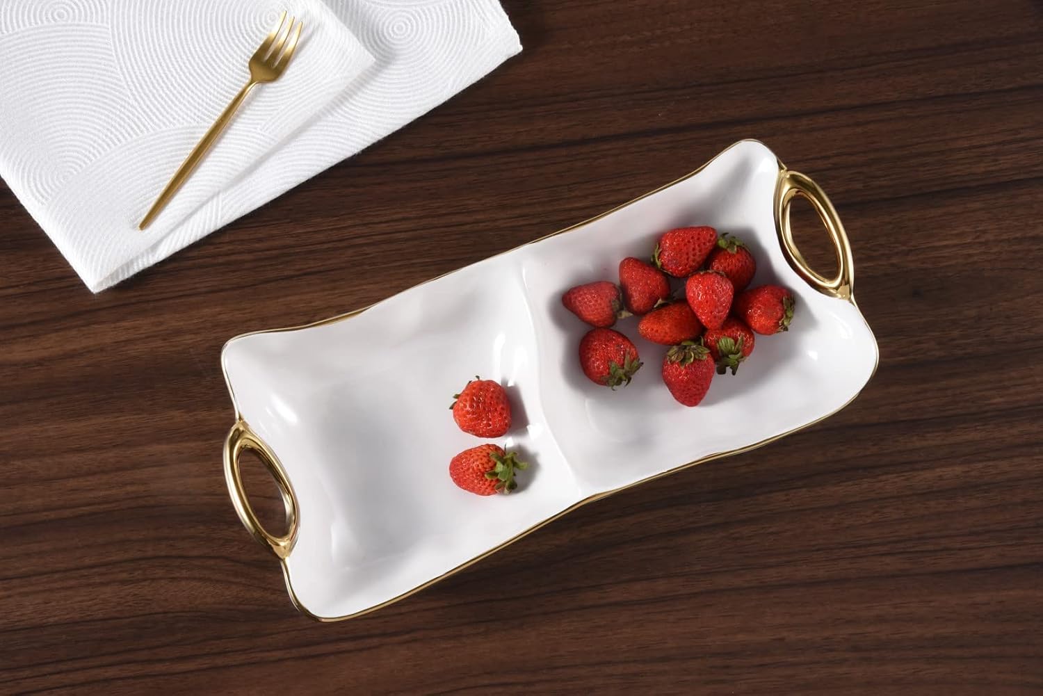 Pampa Bay Titanium-Plated Porcelain Golden Handles 2-Section Server, 12.5 x 5.5 x 2in