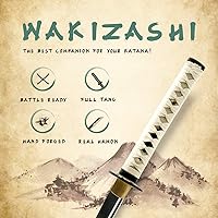 Vista 2 de HMS Espada samurai wakizashi japonesa, Warrior Tsuba, acero al carbono 1045, forjado a mano templado por calor, espiga completa, afilada