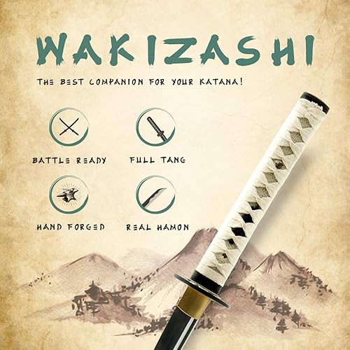 Miniatura 2 de HMS Espada samurai wakizashi japonesa, Warrior Tsuba, acero al carbono 1045, forjado a mano templado por calor, espiga completa, afilada