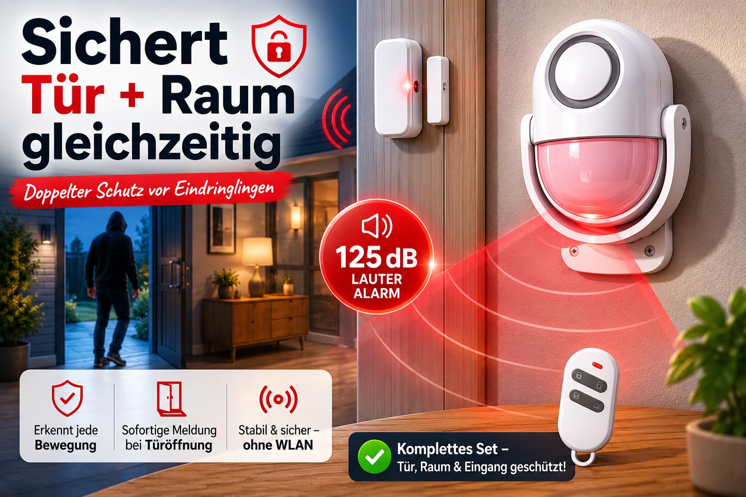 Kepp4 - Detector de movimiento con alarma de 125 dB (conjunto 2) con 2 mandos a distancia y 2 contactos de ventana/puerta, ampliable hasta 20 contactos.