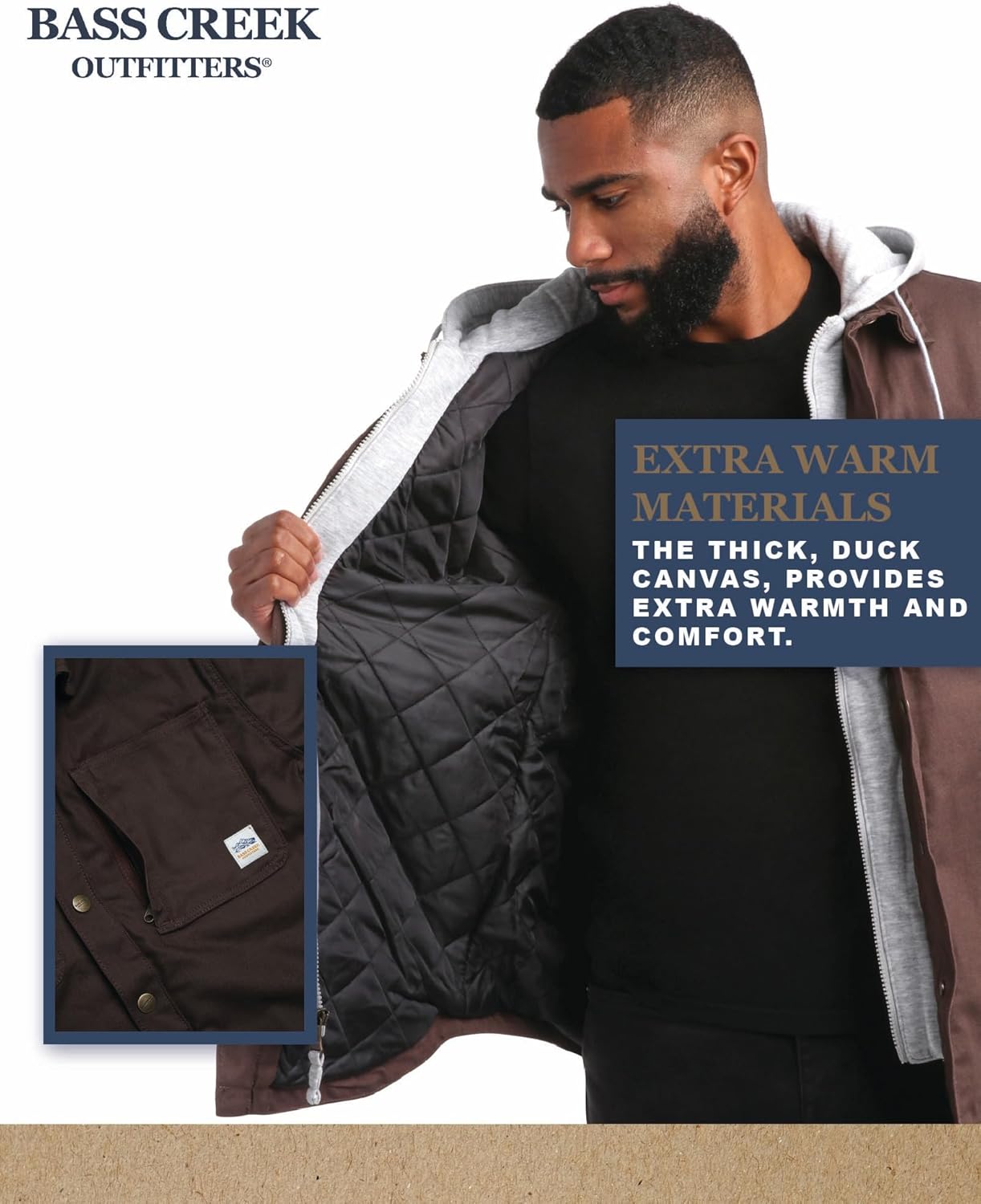 Bass Creek Outfitters Canvas Mens Jacket - Insulated Workwear Fleece Zip Front Duck Canvas Mens Winter Jacket with Hood - Image 4