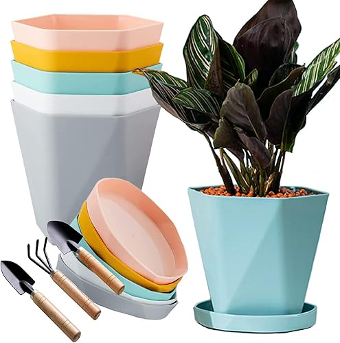 Miniatura 9 de Macetas de interior 6 macetas de plástico para jardín con agujeros de drenaje y platillos, macetas para plantas de interior con herramientas de B-6