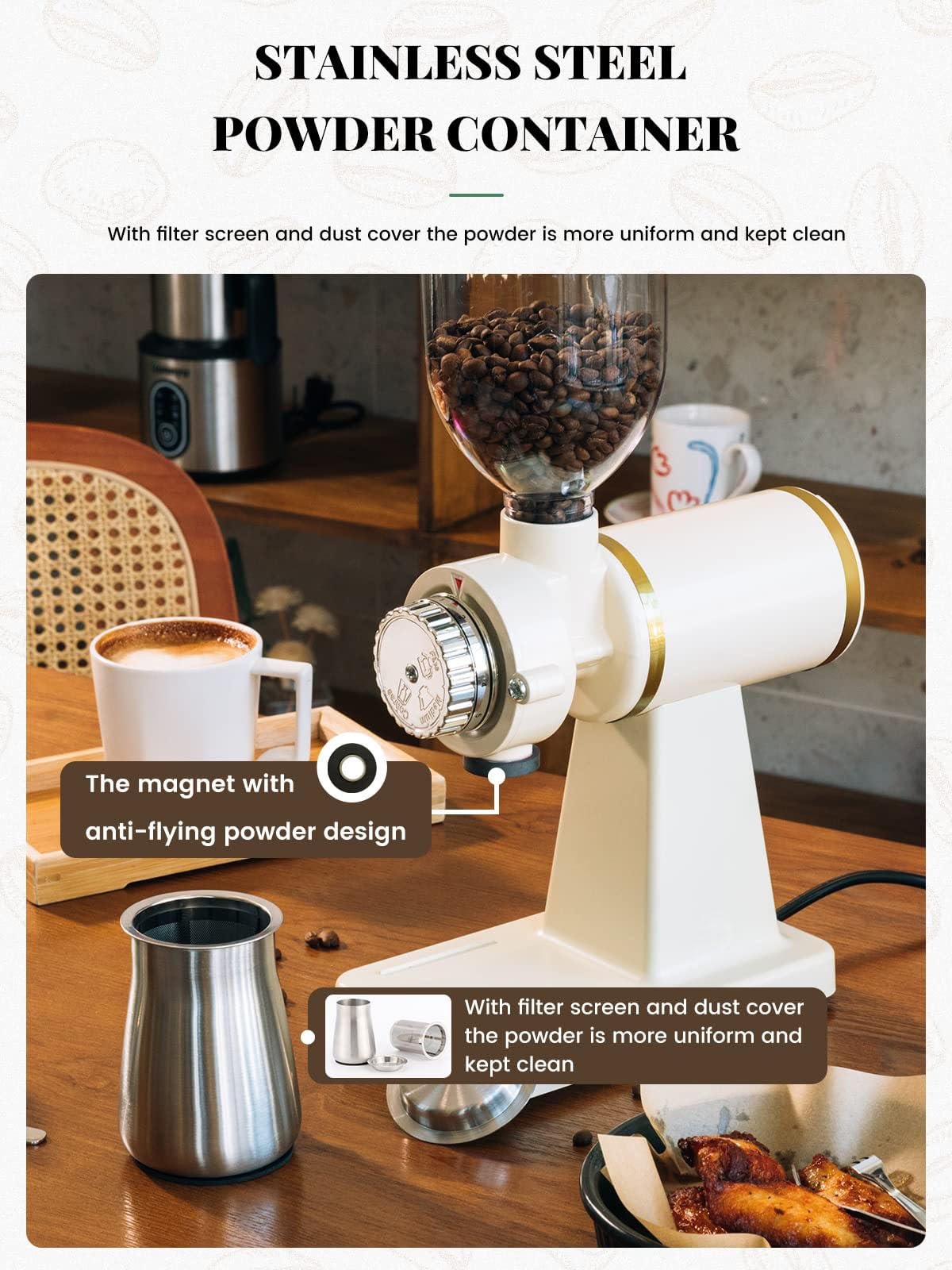 Elektryczny młynek żarnowy do kawy z 8 ustawieniami mielenia, do espresso, kawy przelewowej, kawy French Press i kawy perkolatorowej