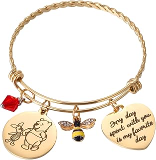 Classic Pooh Bear and Piglet Quote Any Day Spent with You is My Favorite Day Friendship Honey Bee Charm Gold Bangle Bracelet for Women