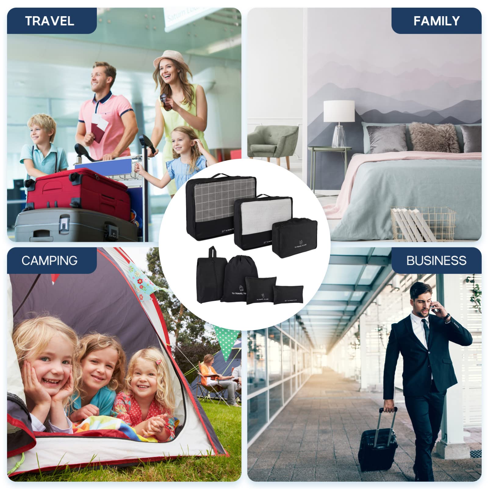 Holibanna 7pezzi Organizer Da Viaggio Cubi Pieghevoli Impermeabili Per Abbigliamento e Accessori Da Valigia Sacchetti Salvaspazio Nero Per Vacanze e Viaggi Affari