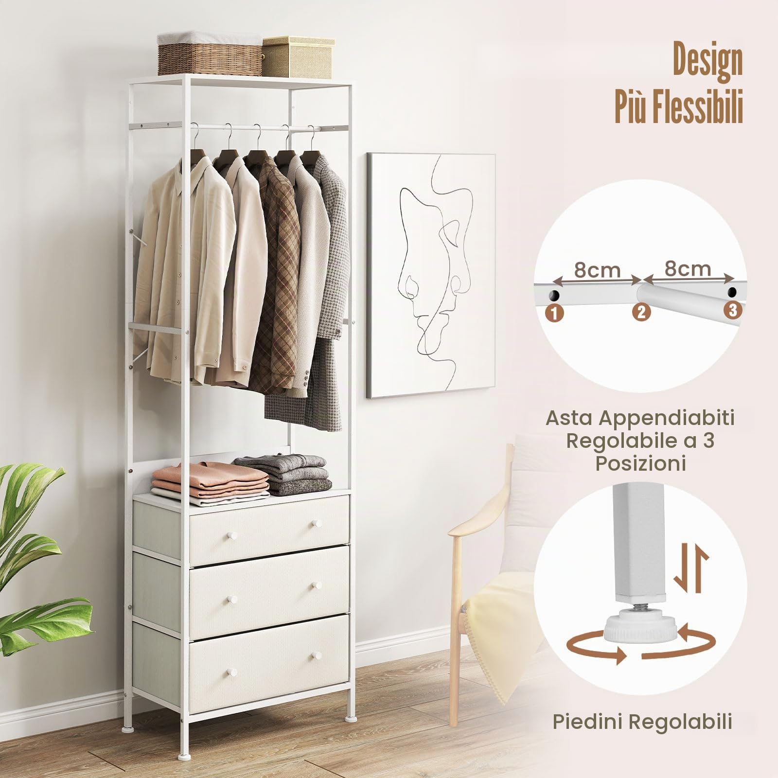 GIANTEX Appendiabiti Autoportante con 3 Cassetti e Barra Appendiabiti in Metallo, Dimensioni 55 x 28 x 176 cm, Mobile Multiuso per Camera da Letto, Soggiorno e Corridoio (Bianco)