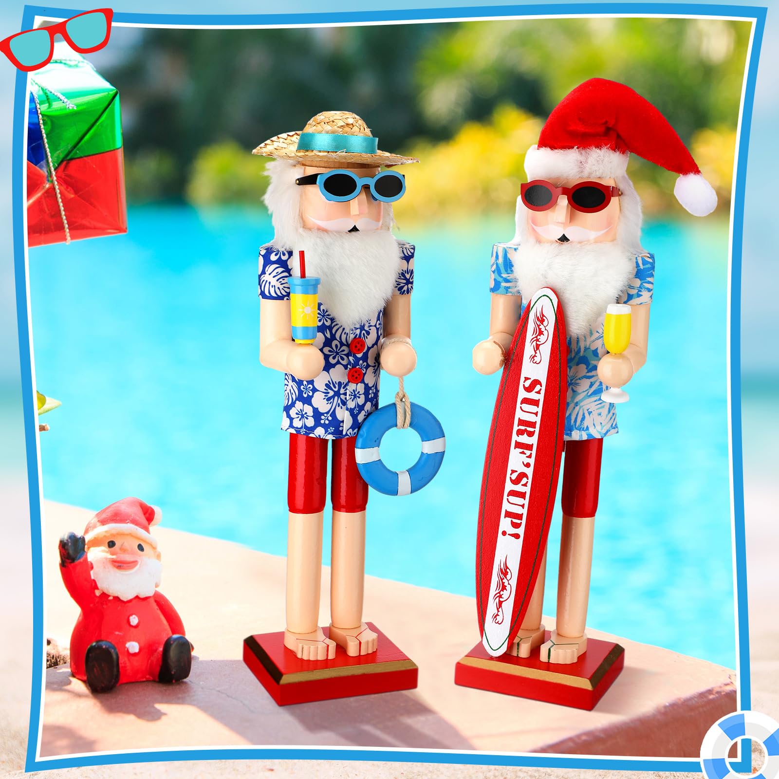 RattanView 38,1 cm großer Nussknacker aus Holz, Sommer, Hawaii, Surfer, Weihnachtsmann, Nussknacker-Figuren, groß, Strand, Weihnachten, Tischdekoration, Festival-Regale, Dekorationen